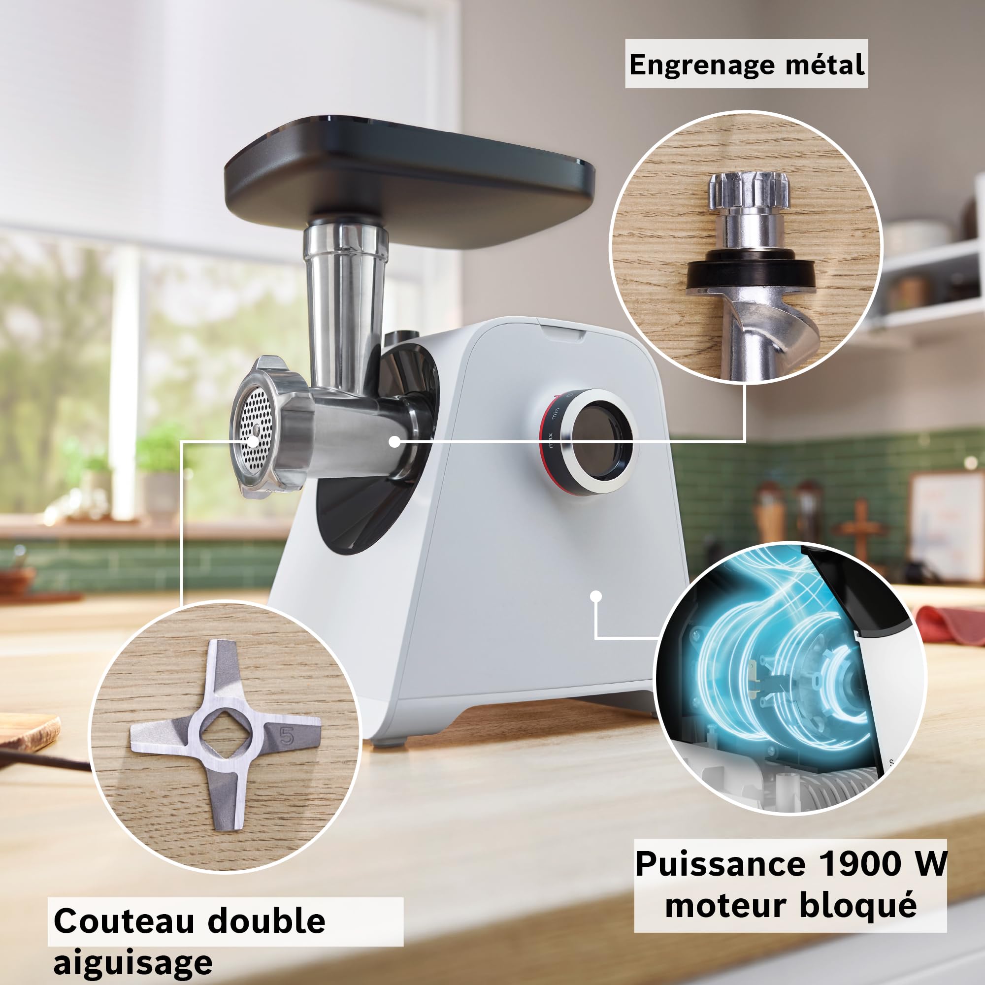 Bosch Maszynka do mielenia MultiPower Serie 4 MFWS420W, 1900 W, funkcja Revers, metalowa komora, Biały/Czarny