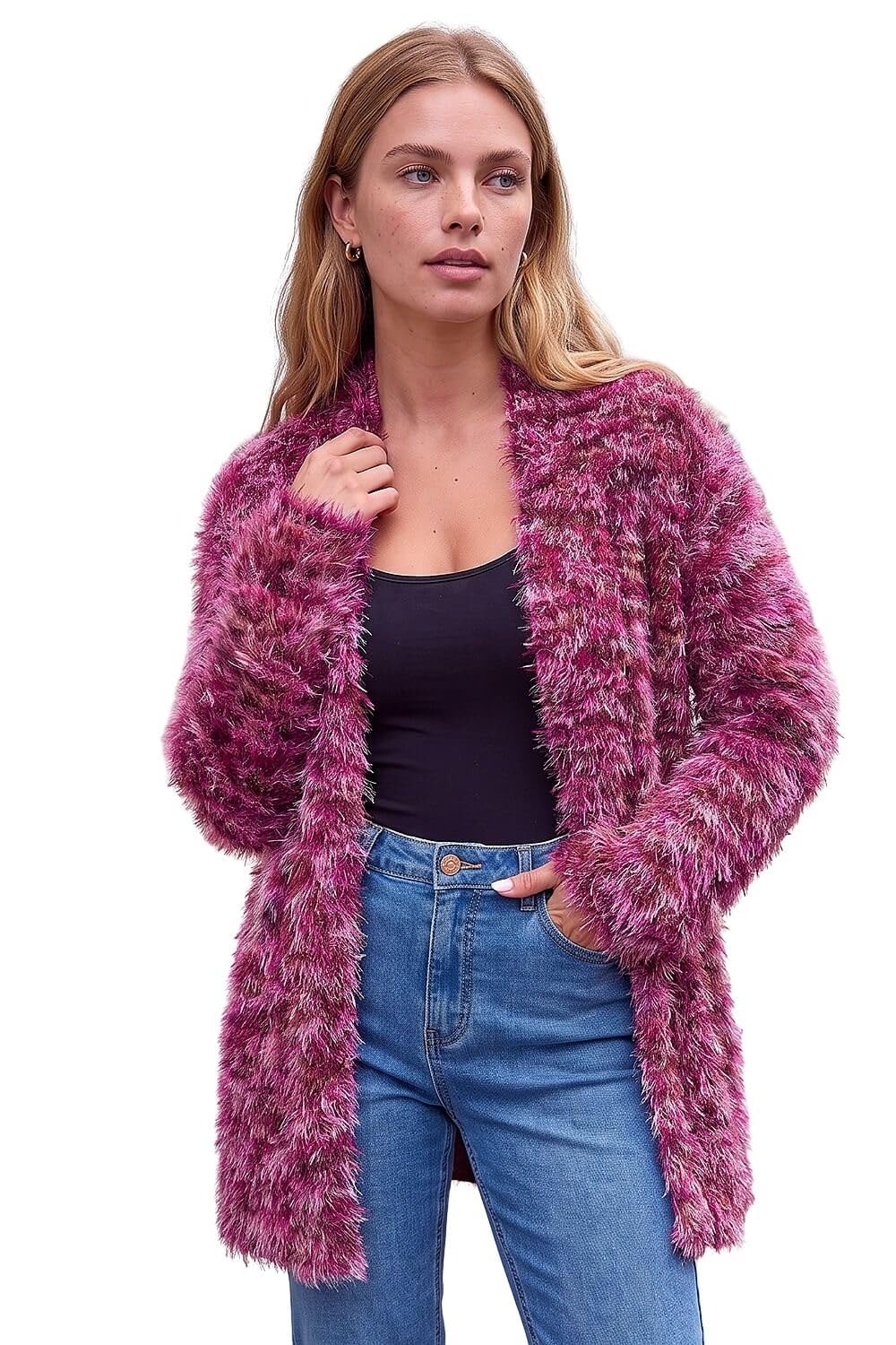 Roman Originals Women's Wine Roman Fluffy Cardigan Winter Cardi Longline Edge To Edge Ombre Coatigan Casual Sparkly Glittery Jacket Knitwear Knitted Autumn Fleecy Cosy Soft Coats - Size 14