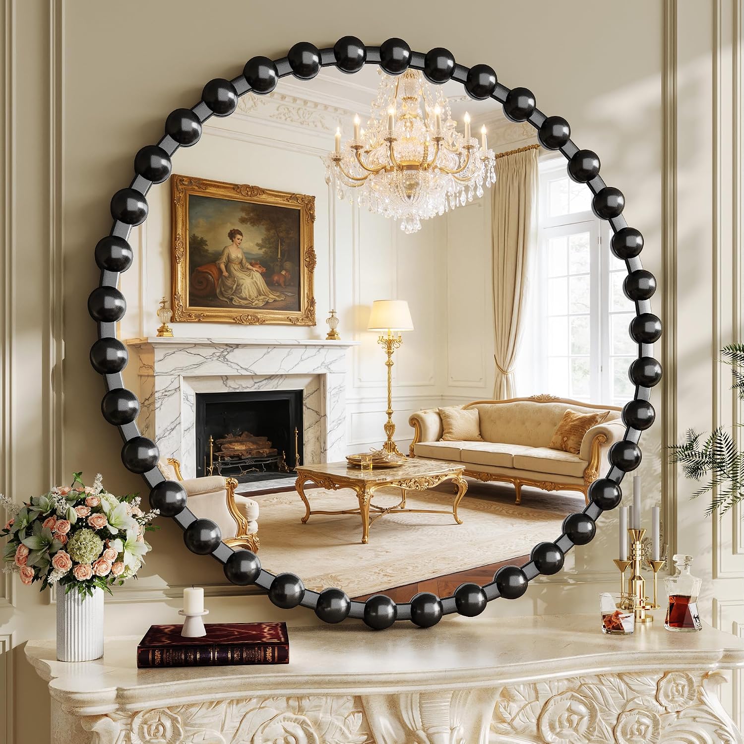 Round Vanity Mirror with Beaded Frame, 36 Inch Circle Wall Mirror for Bedroom Dresser, Entryway, Bathroom, Living Room, Decorative Hanging Wall Mirror, Black