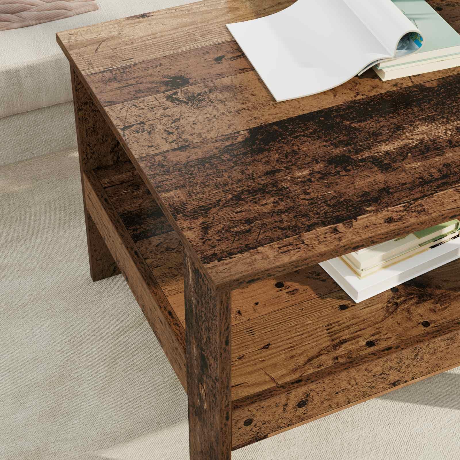 Tavolino da salotto in legno vecchio rettangolare 57 x 55 x 45 cm con ripiano contenitore, mobiletto moderno per soggiorno, salotto, ufficio, camera, angolo decorazione salvaspazio