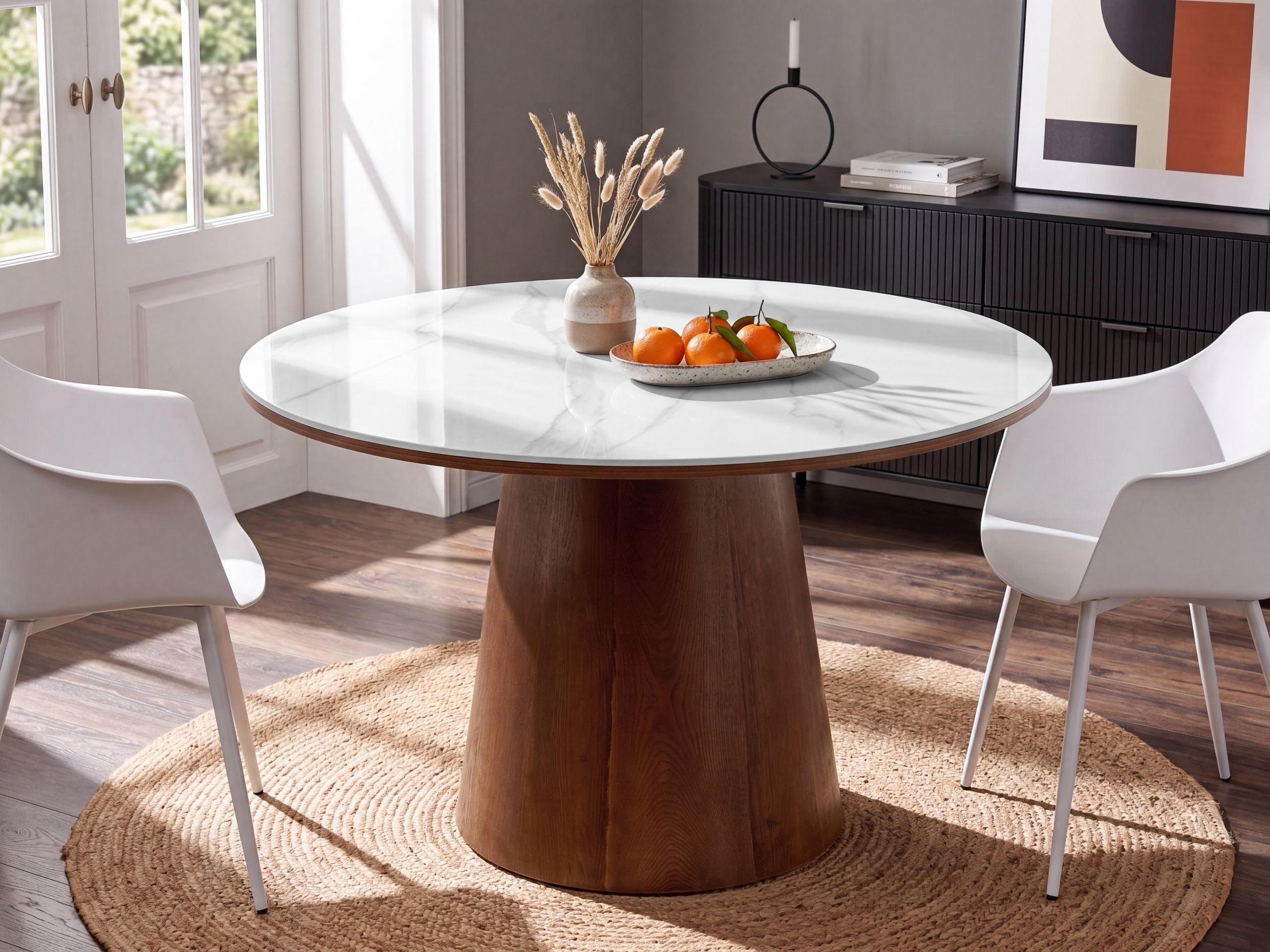 Beliani Table à Manger Ronde Minimaliste en MDF Effet Marbre Céramique 120 cm Placage en Frêne Foncé Blanche Wylie