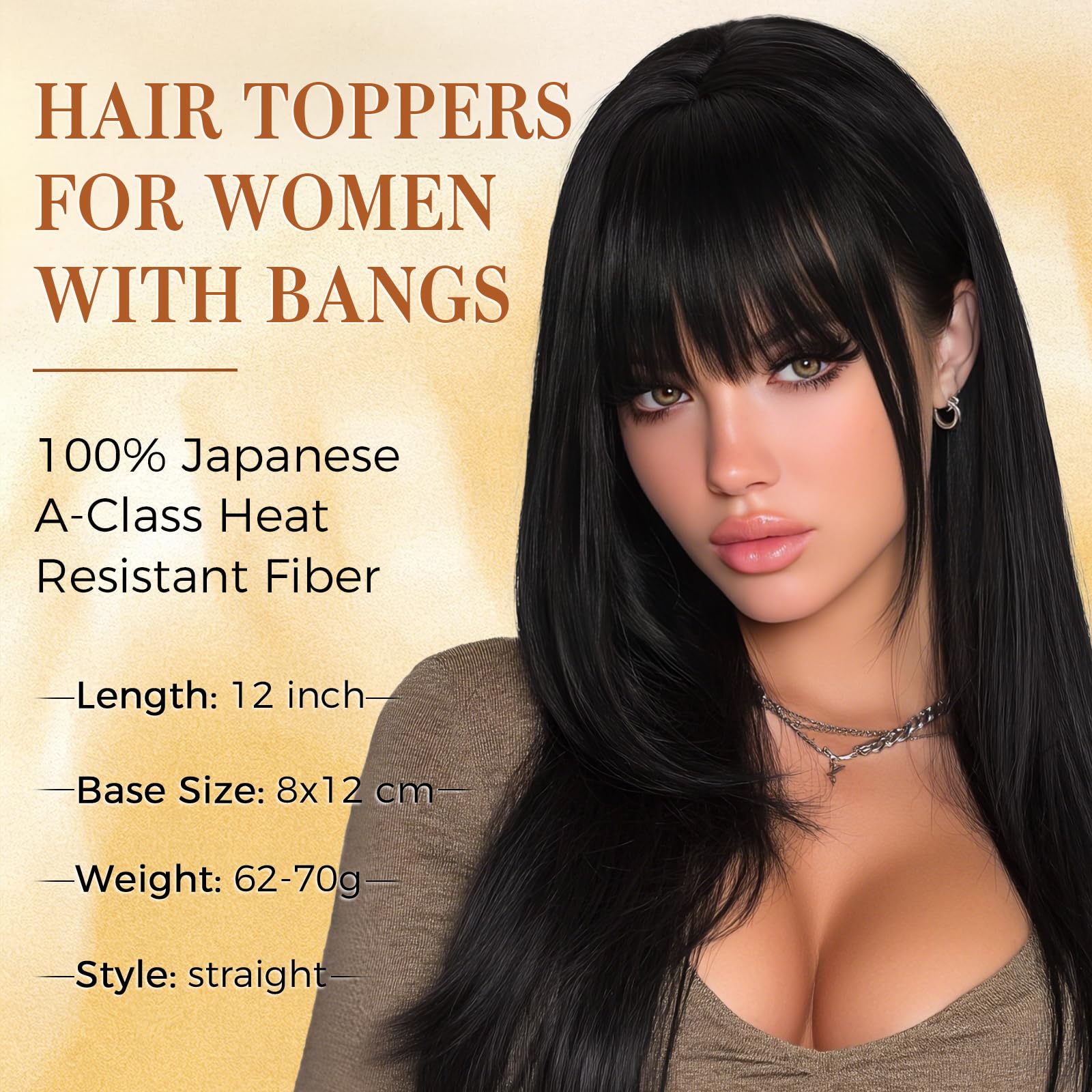 Sofeiyan Haar Toppers per le donne, 30 cm clip-on capelli con frangia, 62 g Toppers capelli sintetici Adatto per le persone calve,Nero Naturale