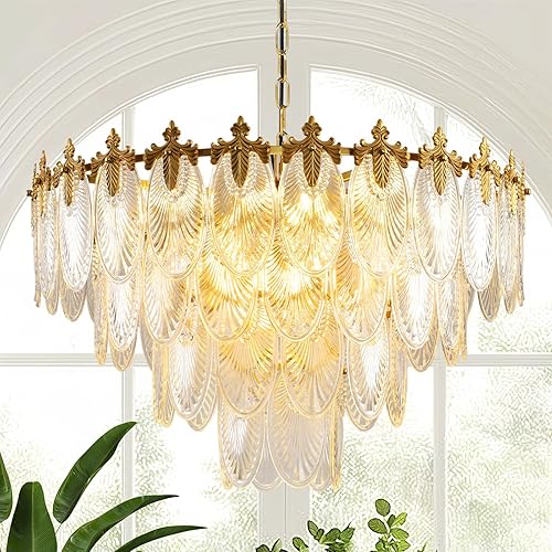 Modern Large Crystal Chandelier, 4-Layer Gold Glass Chandelier, 12 Light Round Antique Ceiling Pendant Light, 31.5 Inchs Adjustable Height for