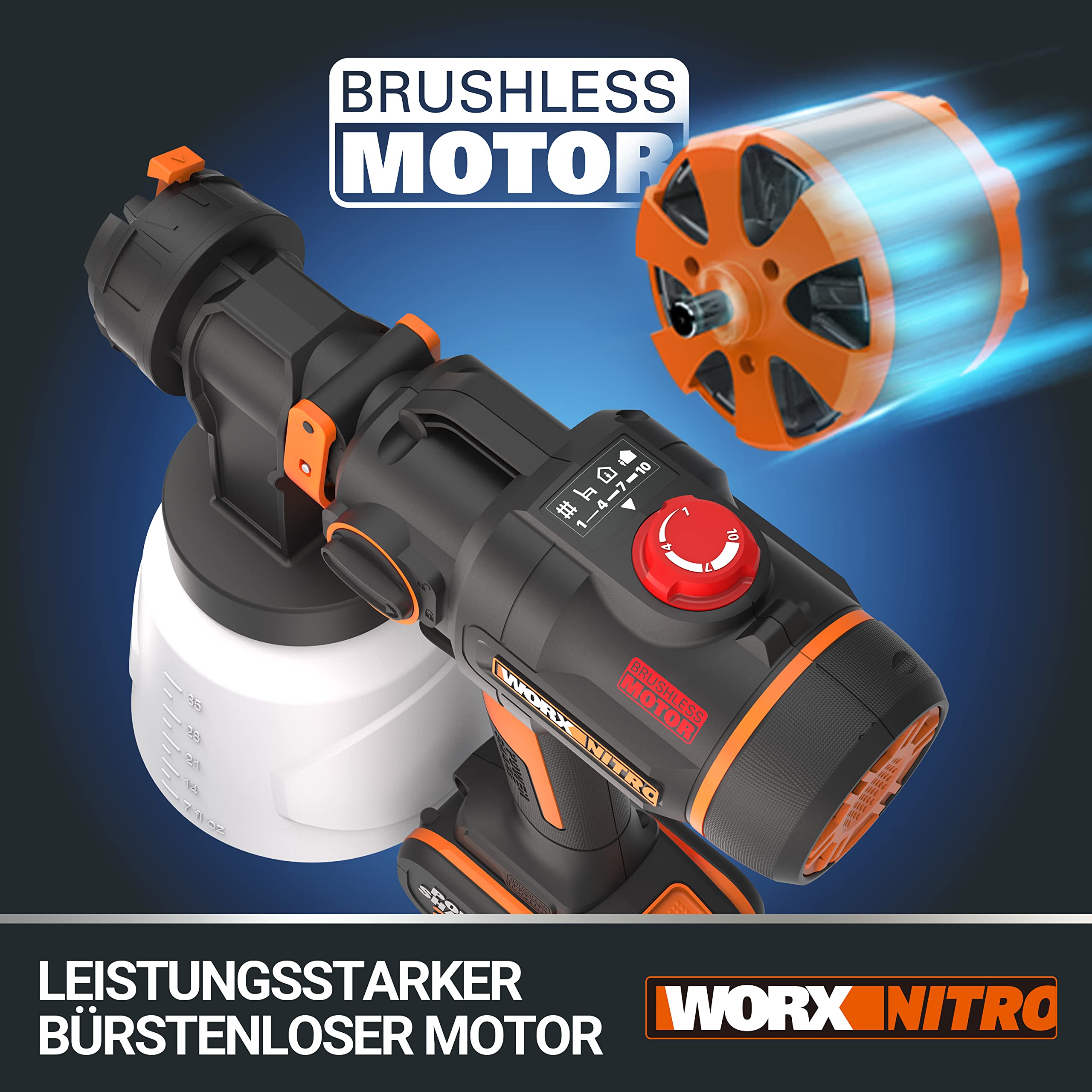 WORX WX020.9 Nitro Akku-Farbsprühsystem 20V - leistungsstark bürstenloser Motor - 3 Sprühform & 4 Düsengrößen - einfache Reinigung - gleichmäßiges Sprühen - ohne Akku & Ladegerät