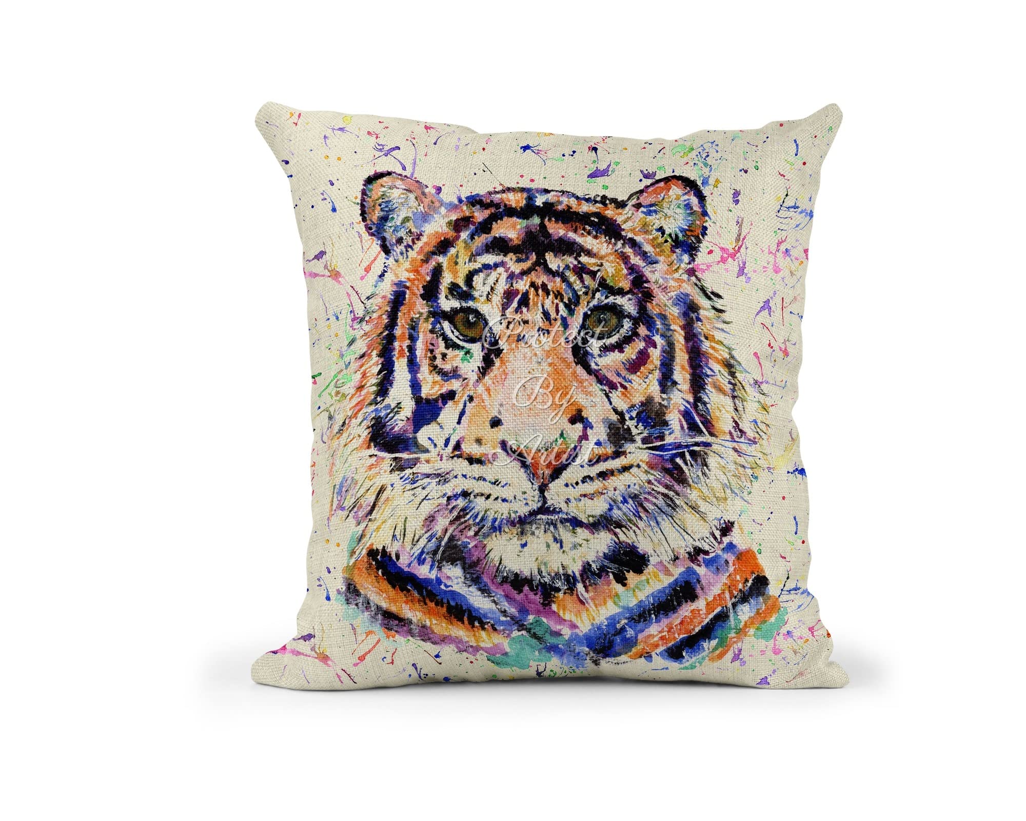 Vixar Tiger Watercolour Rainbow Art Linnen Cushion With filling or cover only, 40x40cm, gift, christmas, Birthday (With Insert)