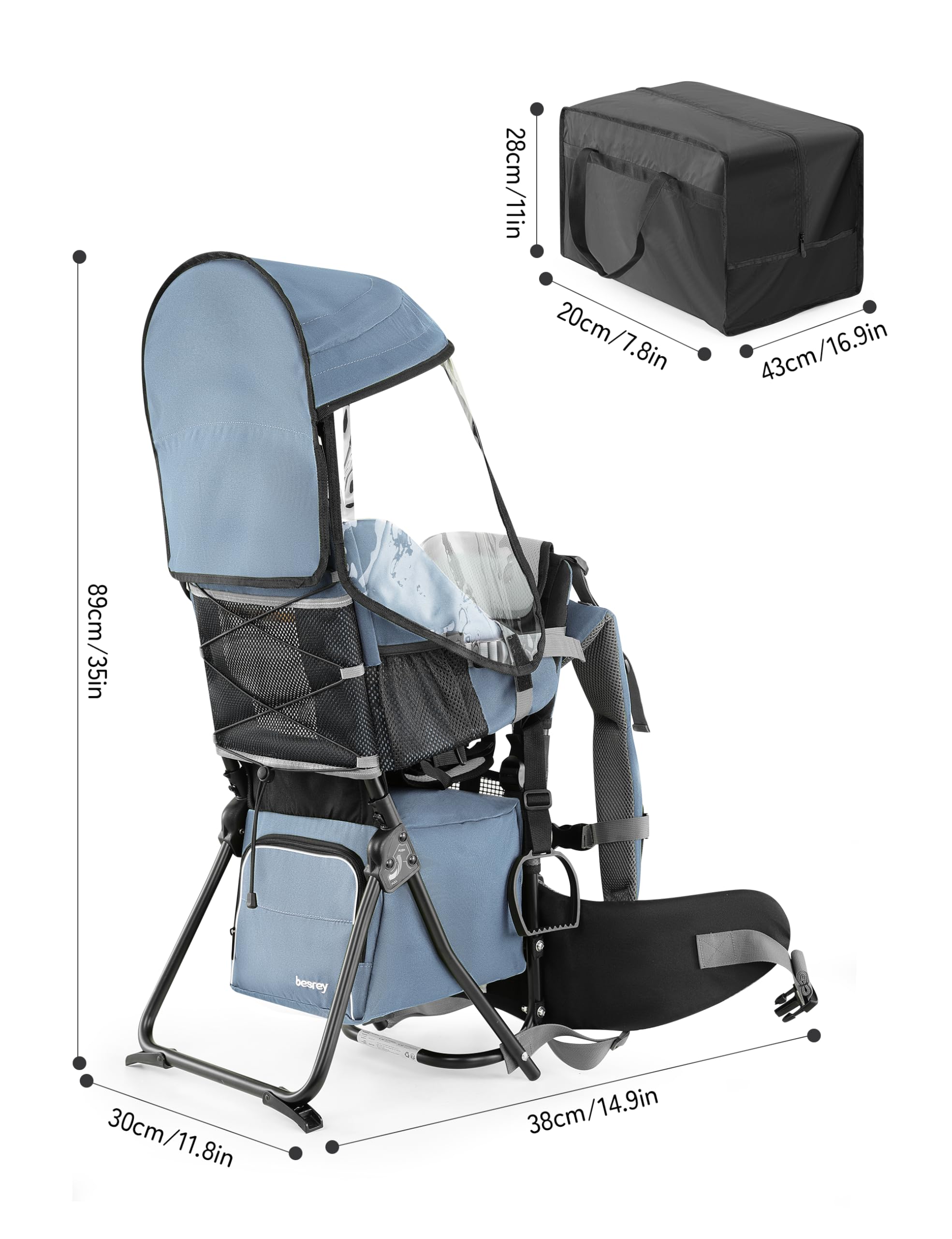 besrey Mochila portabebés, mochila de senderismo para niños pequeños con asiento de seguridad de 3 alturas, correas ajustables y cinturón de cintura, marco plegable, ligero, gran capacidad, para