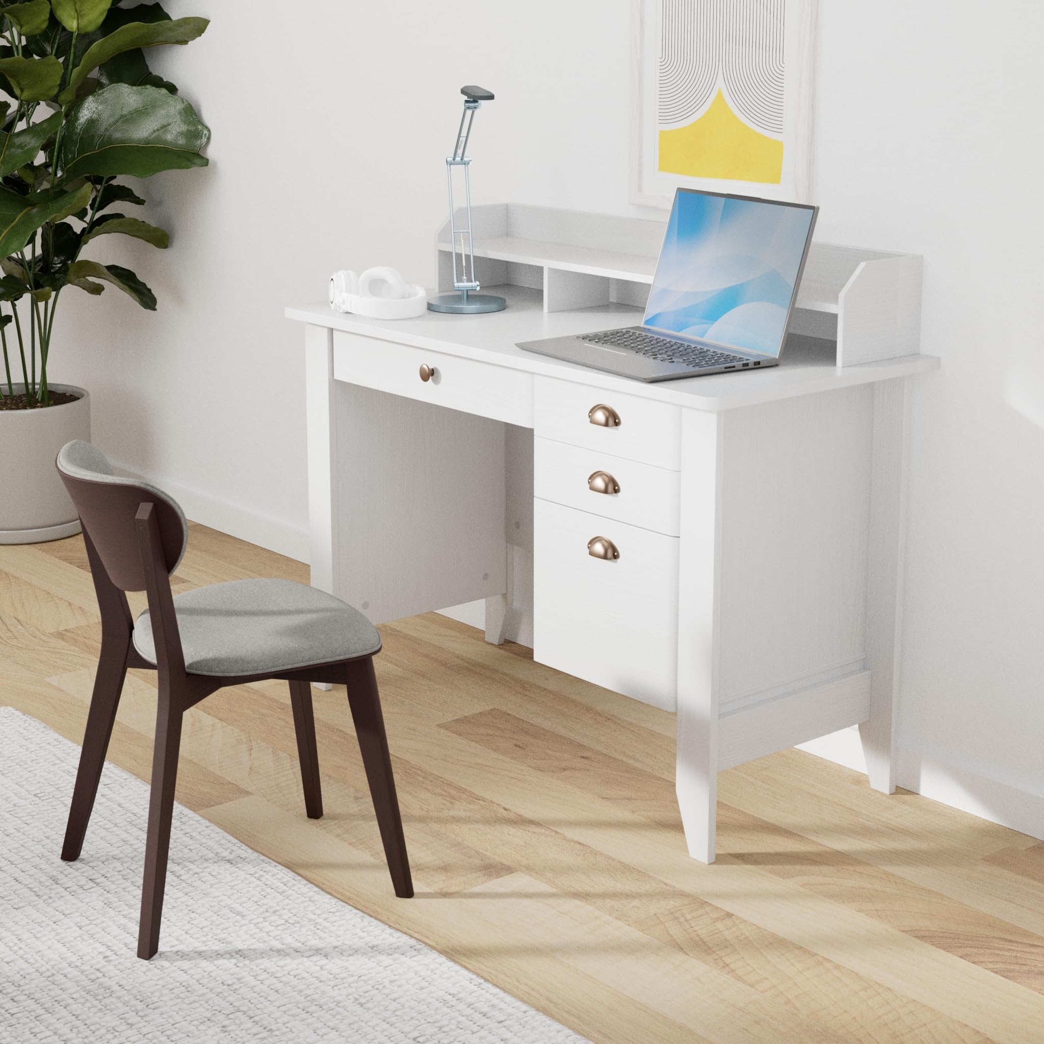 YAKEY Computer Desk with Drawers and Hutch, Home Office Desk,Wood Frame Vintage Style Student Table with 4 Drawers & Bookshelf, PC Laptop Notebook Desk, Spacious Writing Study Table(White)