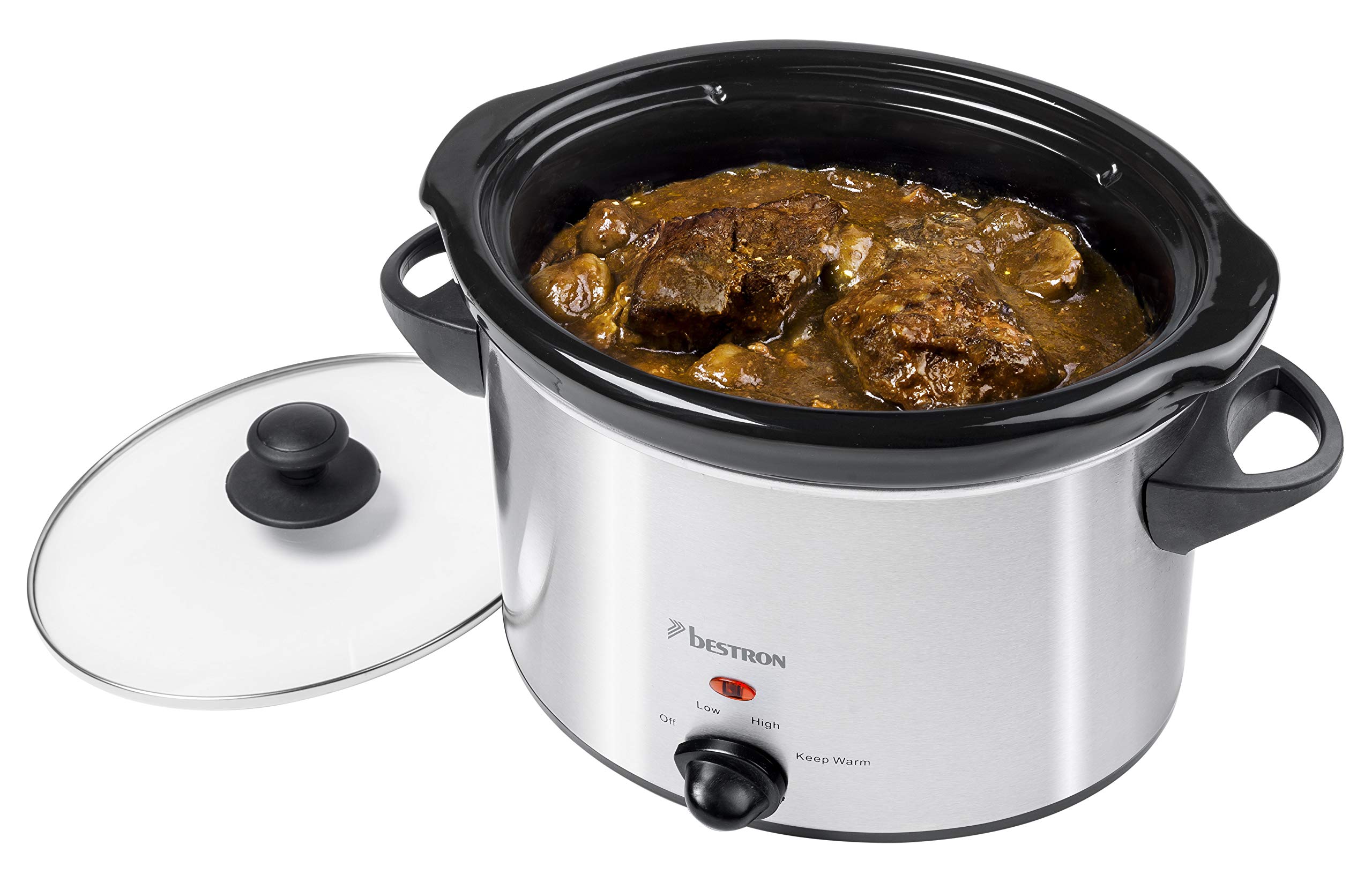 Bestron Olla de Cocción Lenta de Cerámica y Tapa de Vidrio, 3,5 Litros, 180 Vatios, Acero Inoxidable