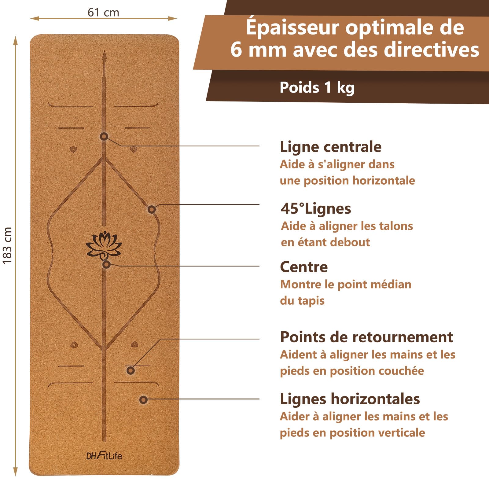 DH FitLife Tapis de yoga en liège et TPE, mat 183 x 61 x 0,6 cm, tapis de fitness, antidérapant et respectueux de l'environnement, tapis de sport naturel autonettoyant