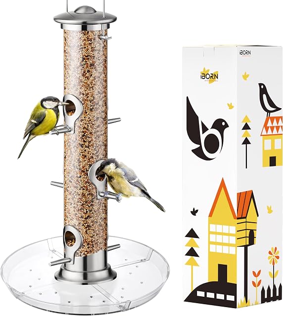 IBorn Animateurs d'oiseaux Capteur de semences pour la pendaison extérieure 6 Port Bird Feeder pour Cardinal Birds Aluminium Metal, Finition de nickel brossé 14 1 cm 6 Port (les eaux usées ne sont pas comprises)