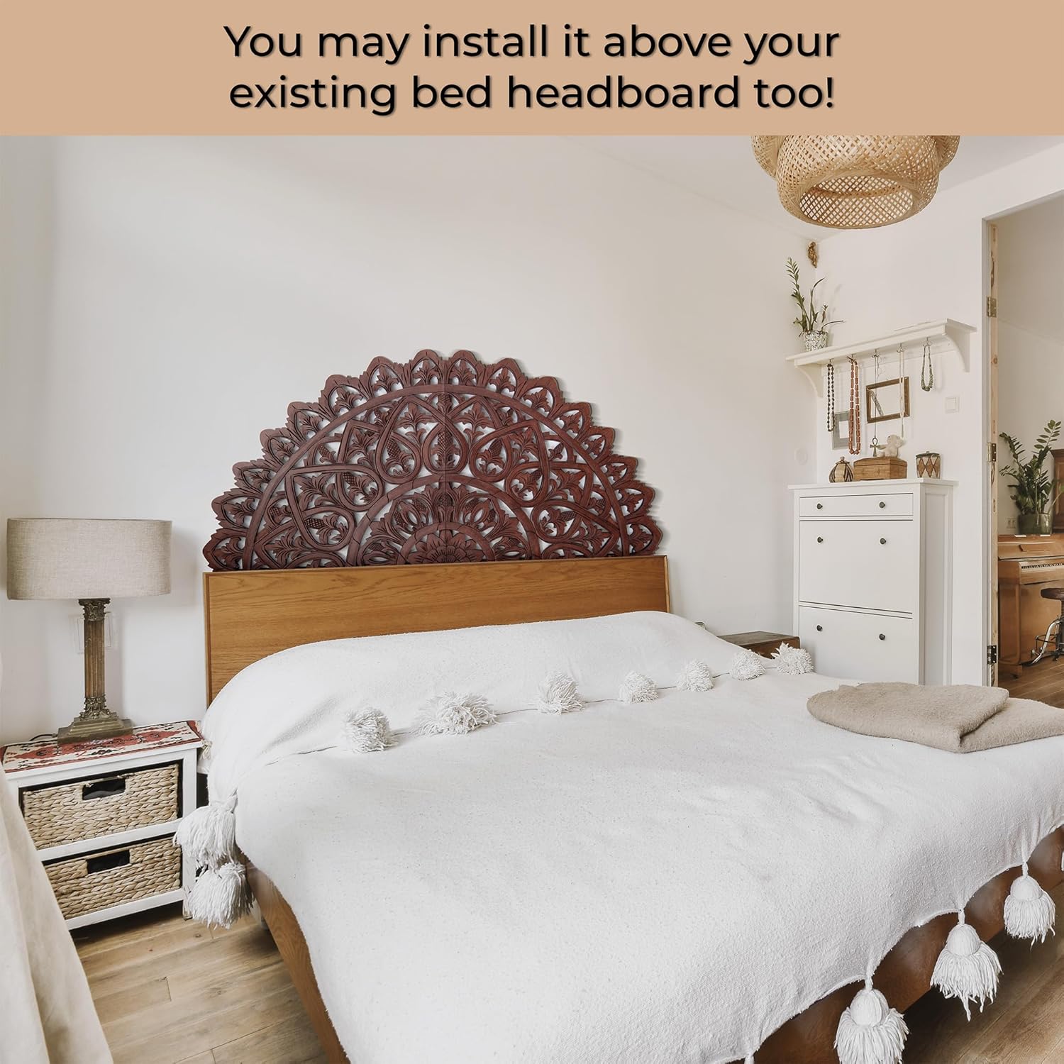Queen Bed Headboard 60x30 in, Mahkota Brown Hand Carved Panels, Made in Bali Indonesia, Wall Mount or Behind Bed, 2 Panel Set