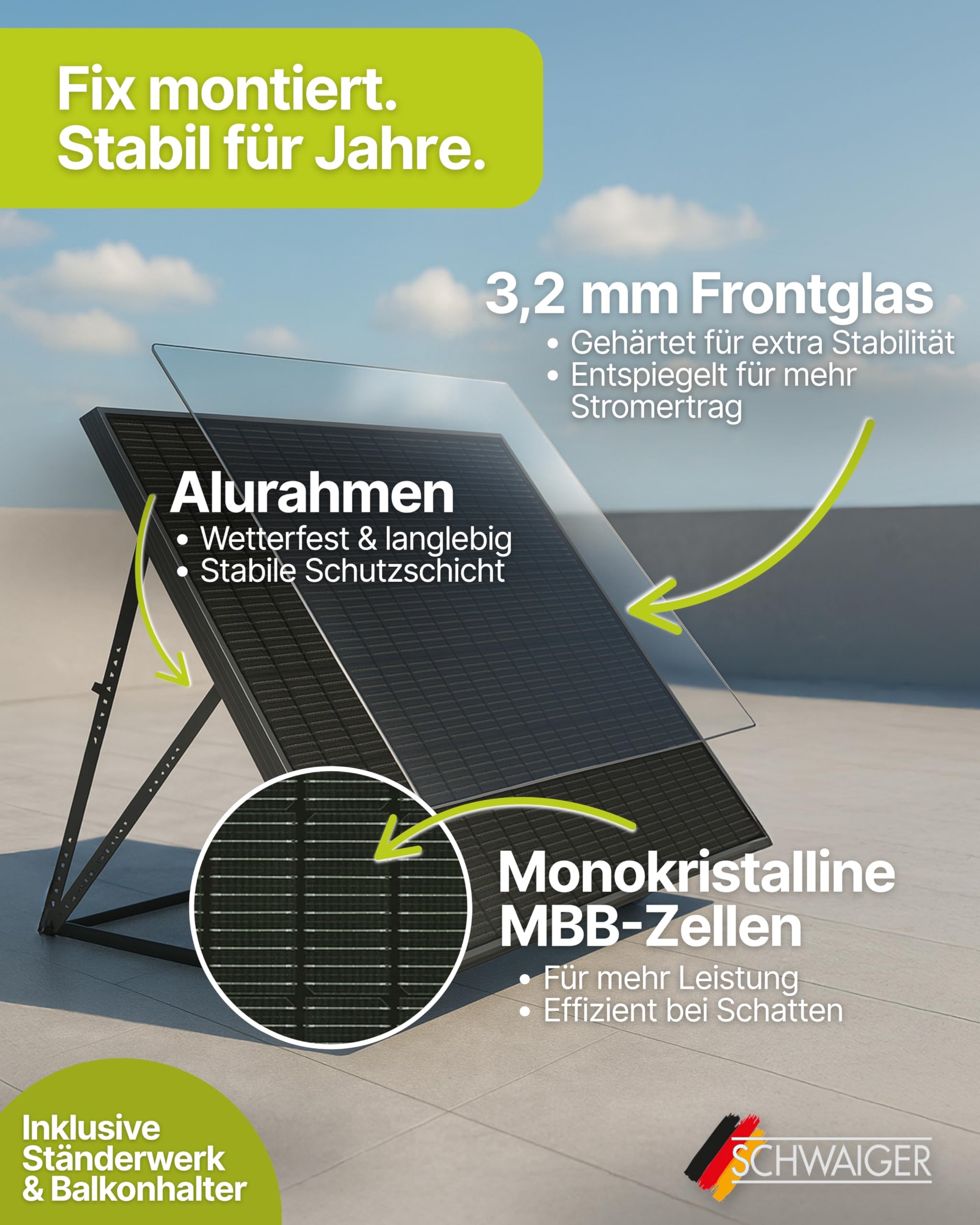 SCHWAIGER Balkonkraftwerk 2er Set mit Full Black Solarpanels 1000Wp I 2×500Wp Solarmodule inkl. Alu‑Ständer, 800W WiFi‑Wechselrichter & 5m Kabel I Plug & Play Solaranlage für Balkon & Garten