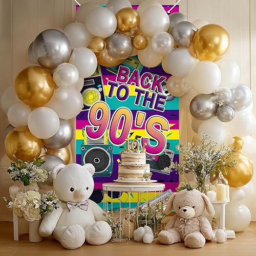 Miniatura 3 de Cartel de puerta de feliz cumpleaños de los años 90 de 35 x 71 pulgadas, cubierta retro para puerta de fiesta con reproductor de cassette, diseño de