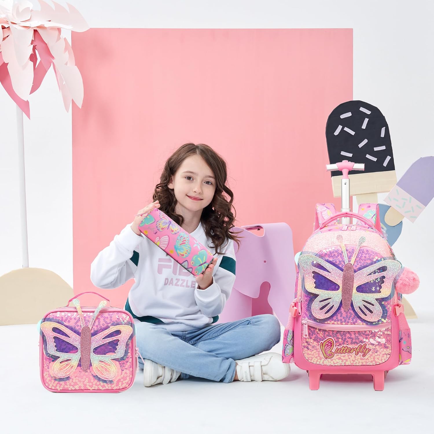 Rolling Backpack for Girls Backpack with Wheels Wheeled Backpack and Lunch Bag Set for Girls Rolling Suitcase