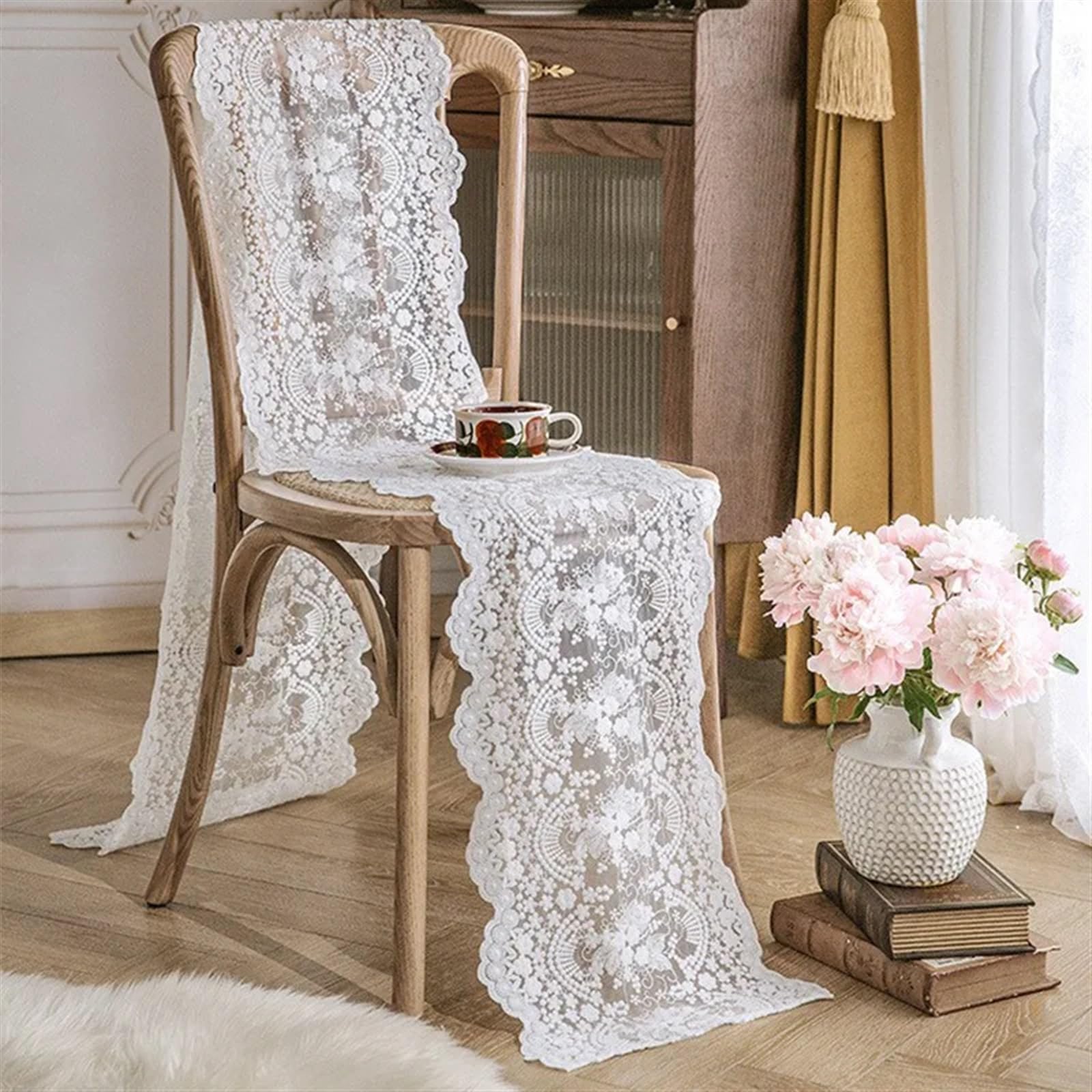 Koronkowy bieżnik na stół, Kwiatowy haft Ślubna herbata na baby shower(Beige,40x200cm 1pc)