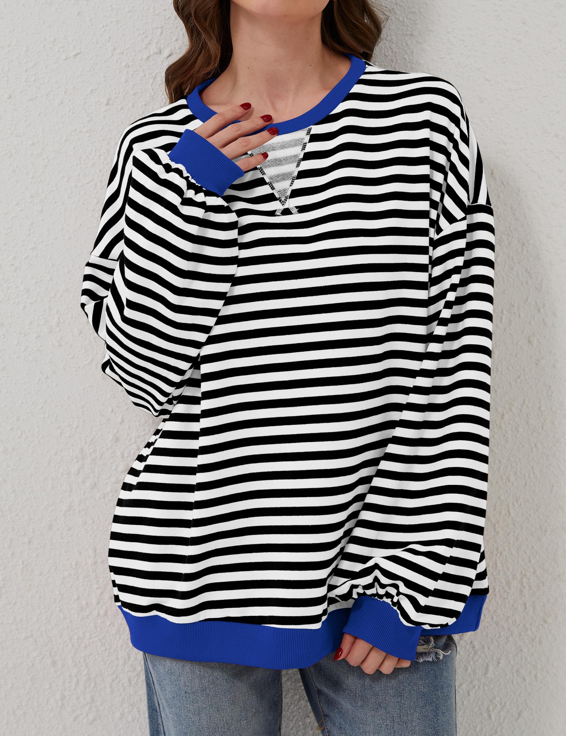 DUOEASE Sweat Femme Pull Chic et Elegant Manches Longues Top Automne Hiver | Doux, extensible et respirant, rayé, col et poignets contrastés, coupe décontractée, idéal au quotidien, au bureau