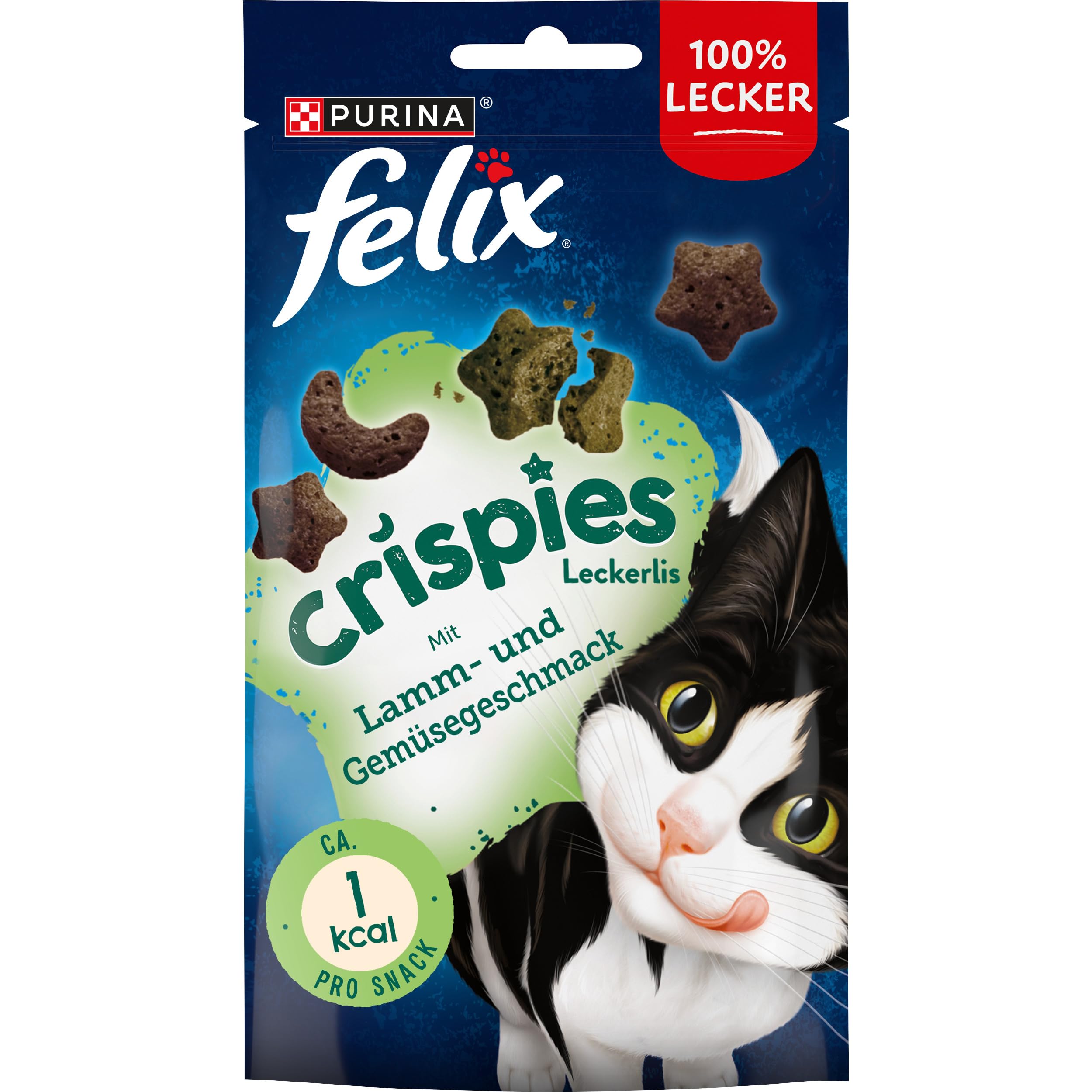 FELIX Crispies przekąska dla kotów, chrupiąca smakołyk z jagnięciną i warzywami, 8 sztuk (8 x 45 g)