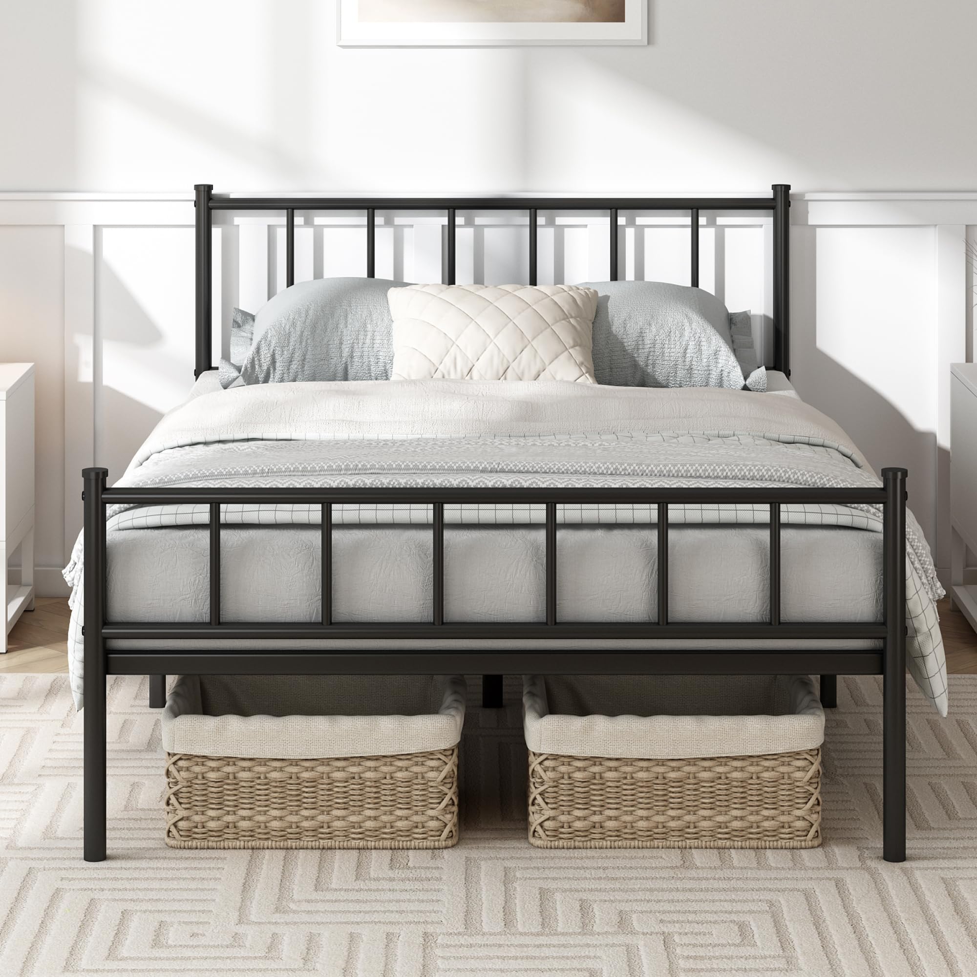CozyLiving Black 4ft6 Finn Metal Bed Frame — Straight Headboard & Footboard with Slatted Base for Minimalist Bedroom Style