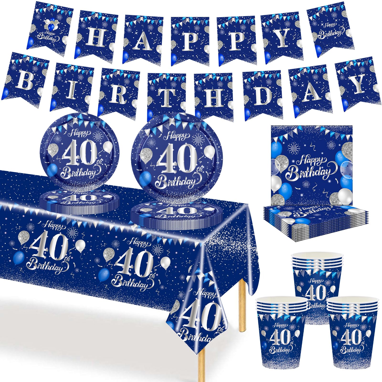 Marineblau Partygeschirr 40. Geburtstag 70 teiliges Set. Pappteller, Pappbecher, Servietten, Papierbanner, 40 Jahre Party für Herren und Damen Geburtstag Tischdeko