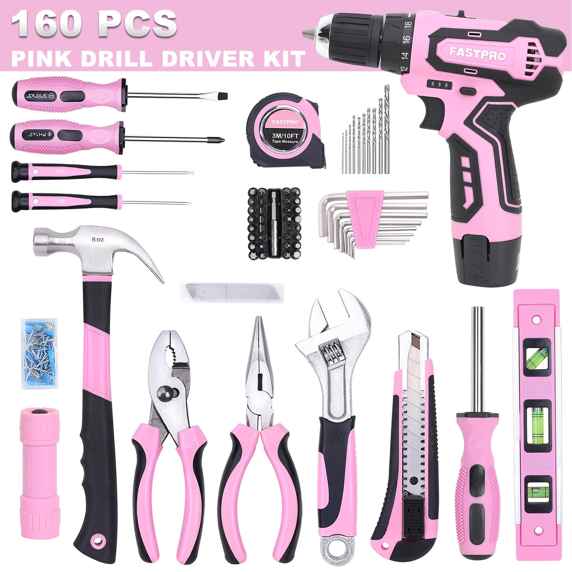 FASTPRO Juego de herramientas rosas de 160 piezas con taladro inalámbrico de iones de litio de 12 V, kit de herramientas de reparación del hogar para mujer con taladro en estuche de almacenamiento