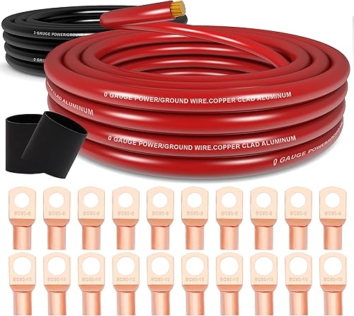 Miniatura 9 de Taukealugs Cable de calibre 10 de aluminio revestido de cobre CCA de 40 pies negrorojo con terminales 0ga y tubo termorretráctil  Cable de
