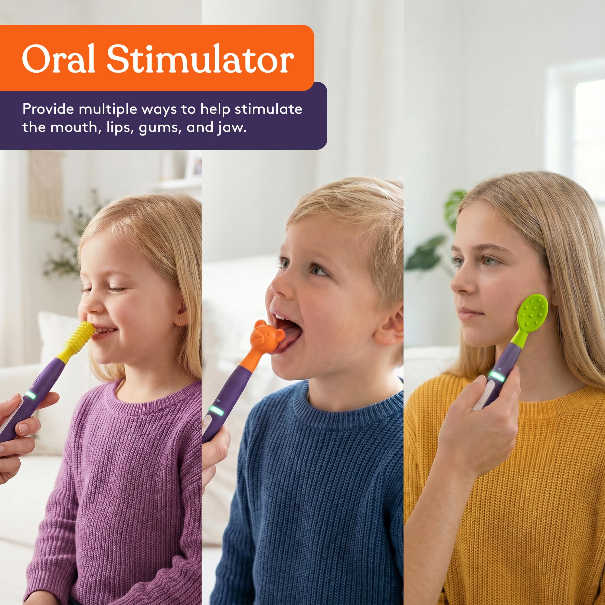 Special Supplies Buzz Buddy Oral Stimulation Kit with 6 Soft Textured Interchangeable Heads, Calm Sensory Needs, Support Speech, and Stimulate Self Feeding, Gentle Vibrations
