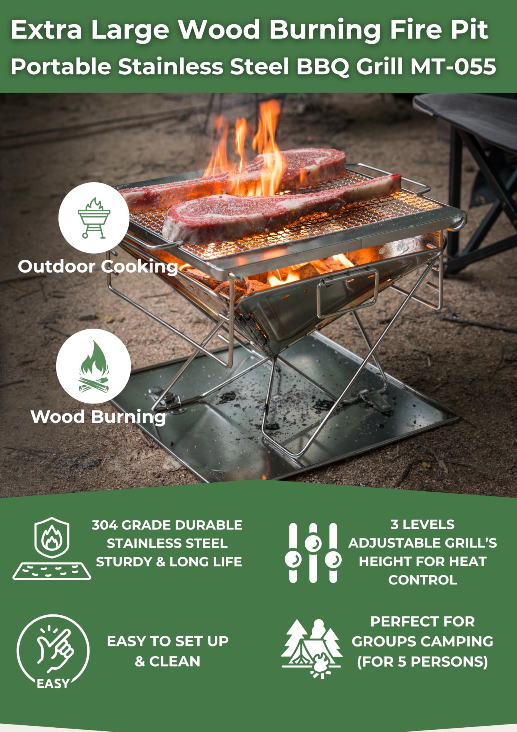 CAMPINGMOON - Parrilla portátil 3 en 1 para fogata de 16 pulgadas, de acero inoxidable resistente, estufa de leña, para camping, altura ajustable, patio, cocina al aire libre, viajes de caravana