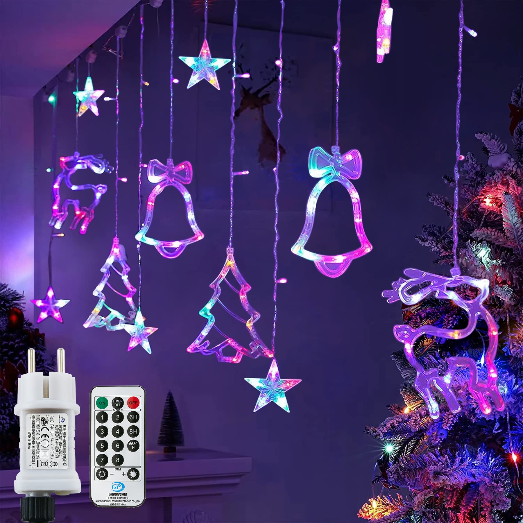 Kurtyna świetlna z 138 diodami LED, łańcuch świetlny 2,3 m, do wewnątrz i na zewnątrz, z wtyczką, IP65, idealny łańcuch świetlny na imprezę, do pokoju dziecięcego, oświetlenie bożonarodzeniowe itd. (kolorowa)