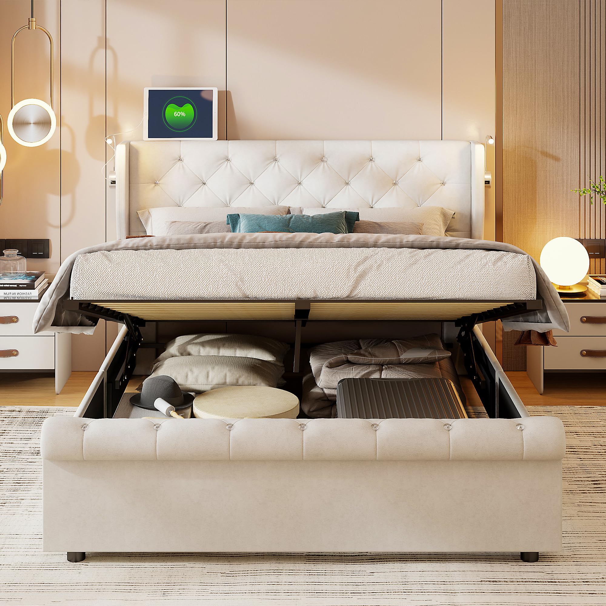 Cama de 160 x 200 cm con somier, cama tapizada con USB y 2 lámparas de lectura de cama acolchada con almacenamiento y somier de láminas, camas para adultos con lámpara de noche ajustable, terciopelo