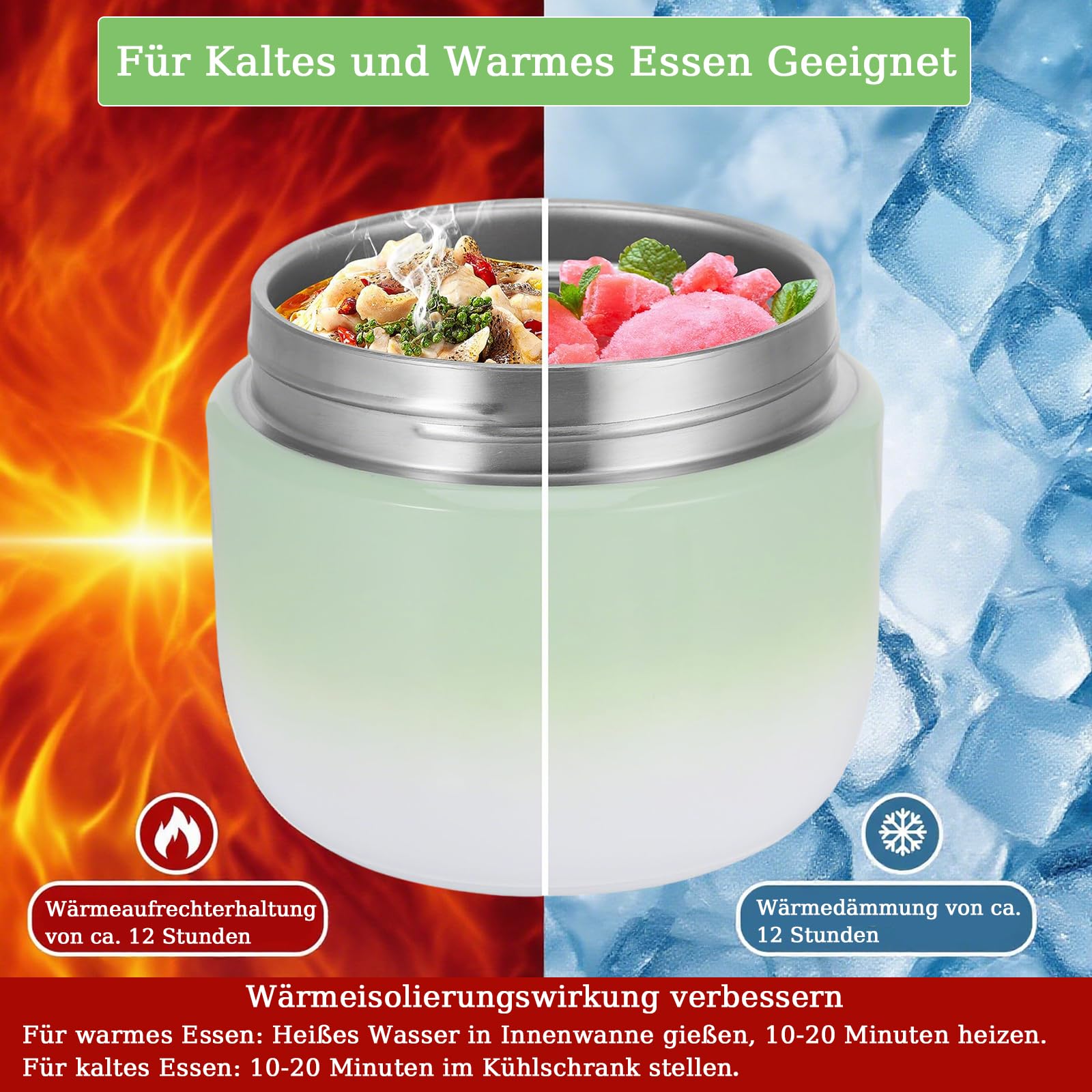 Contenitore Termico per Alimenti, Thermos per Alimenti 1200 ml, con Cucchiaio Pieghevole, Grande Capacità Contenitore Termico di Acciaio Inossidabile, per Campeggio, Palestra, Verde
