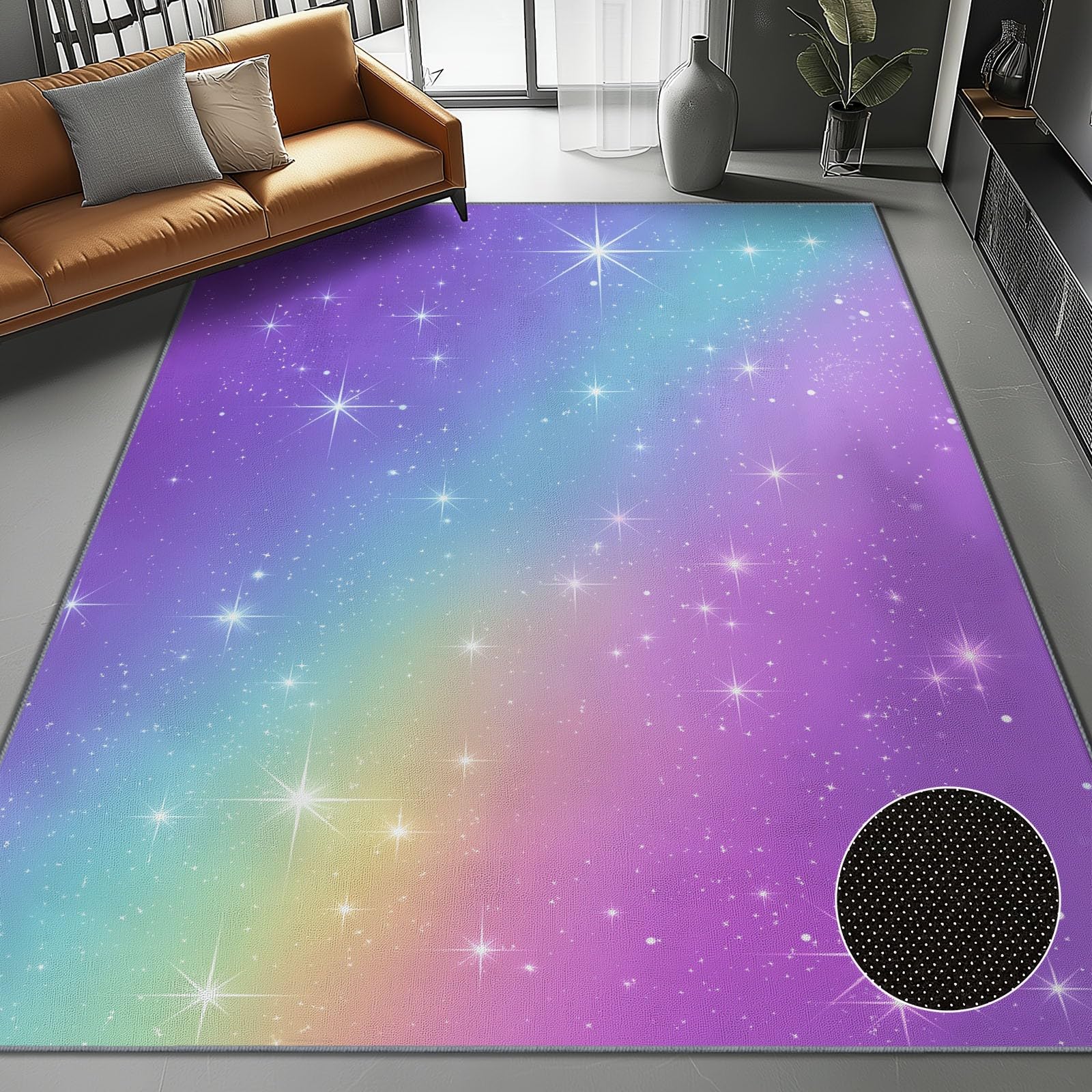 Bunt Flanell Teppich, Traumhaft Regenbogen Farbverlauf Sterne Bedruckter, Weicher Kurzflorteppiche, rutschfest und Waschbar, Bodendekoration 120 x 180 cm, Teppich für Wohnzimmer, Schlafzimmer & Büro