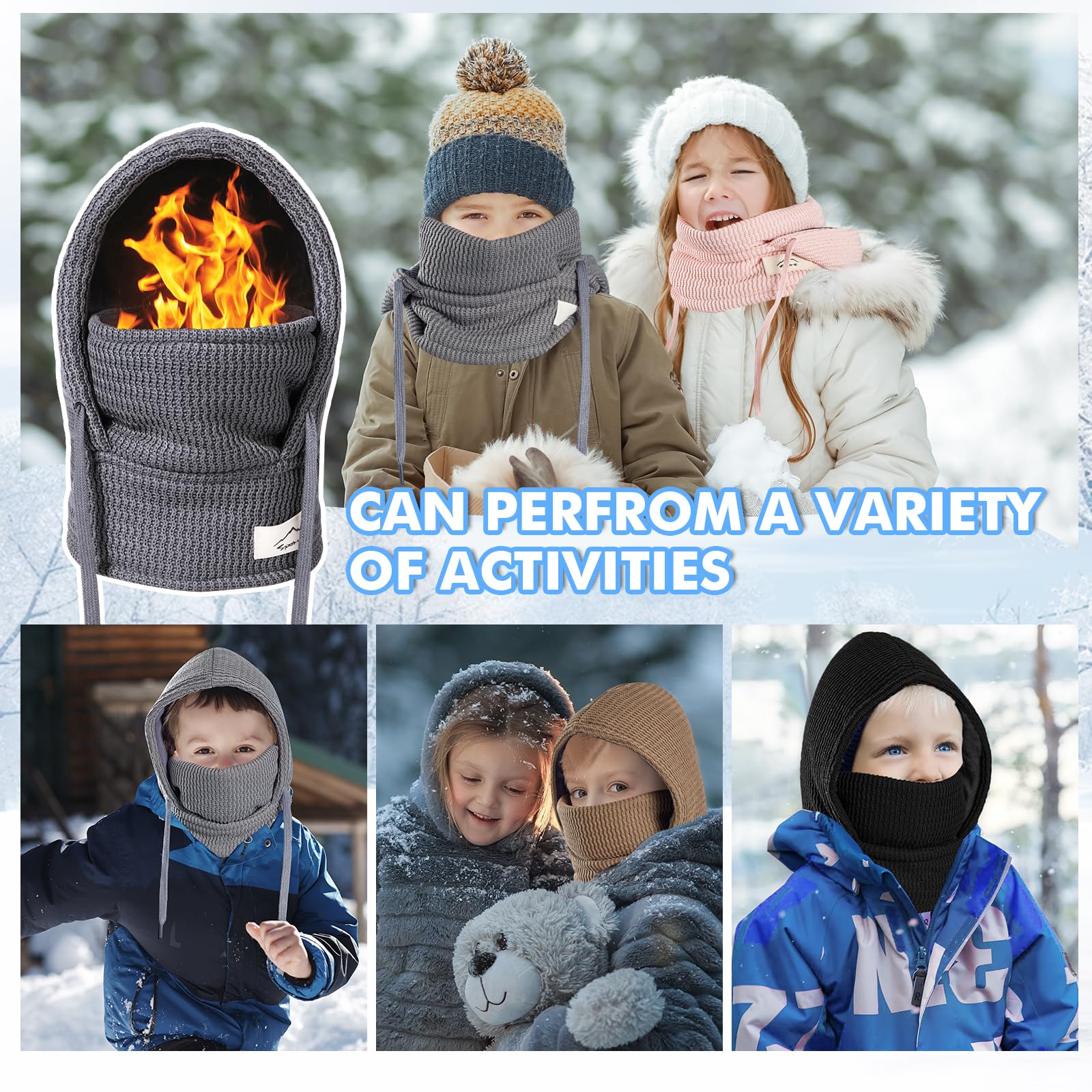 Cagoule d'hiver Thermique pour Enfants 4-10Ans, Multifonction Coupe-Vent Masque de Ski, Bonnet Tricoté Doublure Polaire Chaude Casquette Cache-Cou Tour de Cou écharpe Garçons Filles Plein Air
