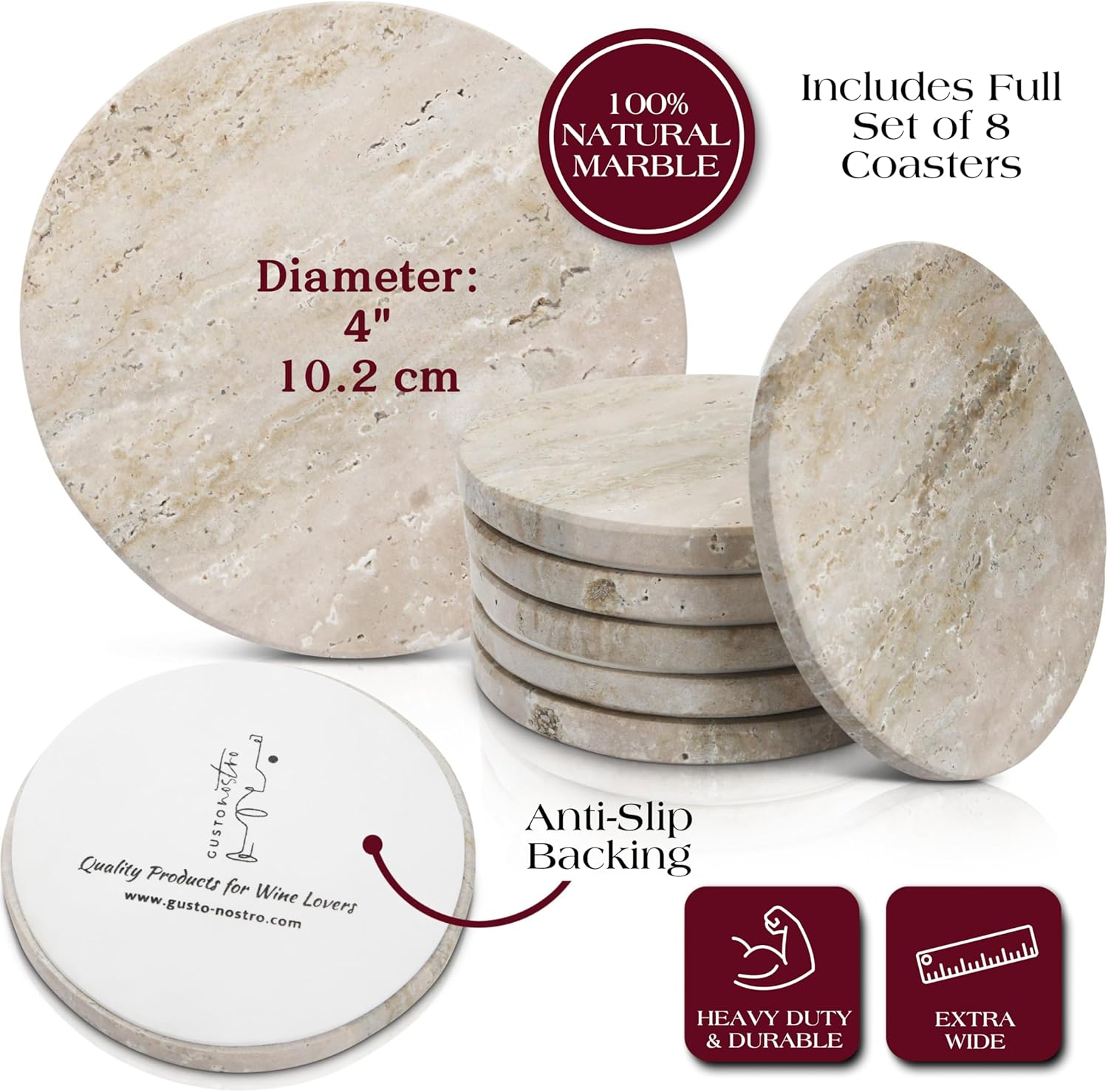 Gusto Nostro Neutral Travertine Coasters - Absorbent Stone Coasters Set of 8 - High-end, Natural Limestone Coaster for Drinks - Anti-Slip Felt Backing Travertine Coaster for Countertop, Coffee Table