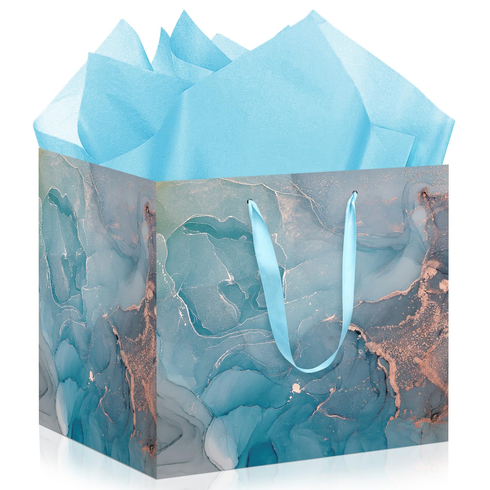 Woosytoo 11.8" Extra Large Square Gift Bag, Colorful Marble Gift Bag with Handles and Tissue Paper Reusable Big Present Bag for Birthday Wedding