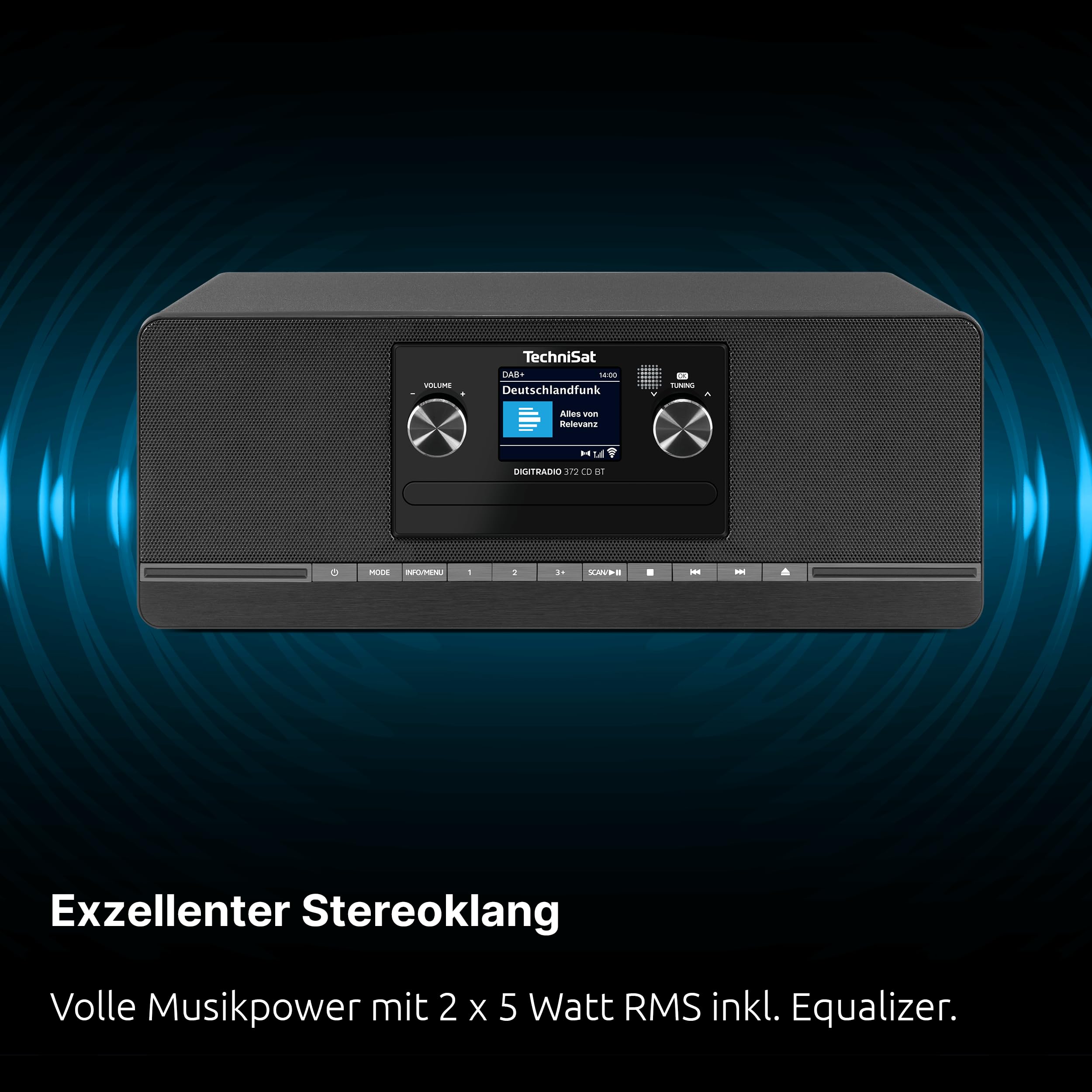 TechniSat DIGITRADIO 372 CD BT - Stereo Digitalradio, Kompaktanlage mit DAB+, UKW, CD-Player, Bluetooth, Farbdisplay, USB, AUX, Kopfhöreranschluss, Wecker, 10 Watt, Fernbedienung - Schwarz