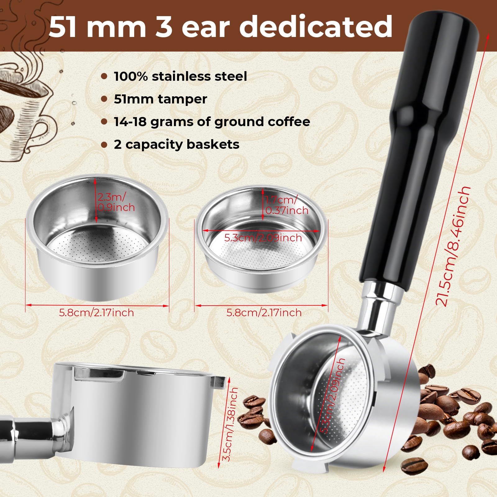 Portafiltro sin fondo de 51 mm con 3 Orejas Compatible con DeLonghi Dedica EC680/EC685/EC885, Portafiltro de Café con 2 Cesta de Filtro de Acero Inoxidable (Negro)
