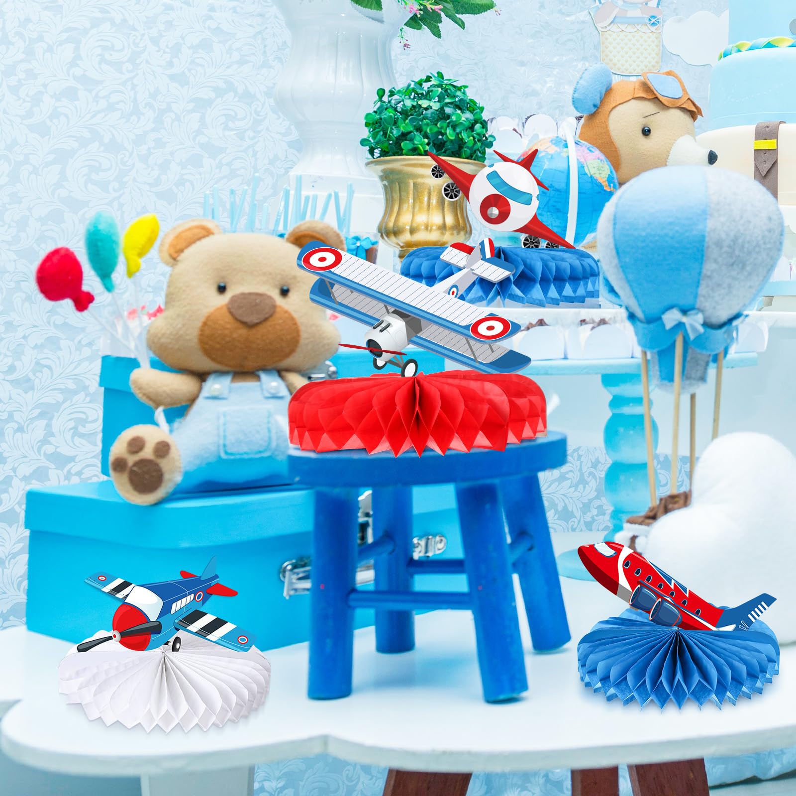 Centrotavola A Nido D'Ape Per Festa A Tema Aeroplano - Faccito, Set Da 10 Decorazioni 3D Per Tavolo, Topper Per Compleanno E Baby Shower, Cartoncino Multicolore