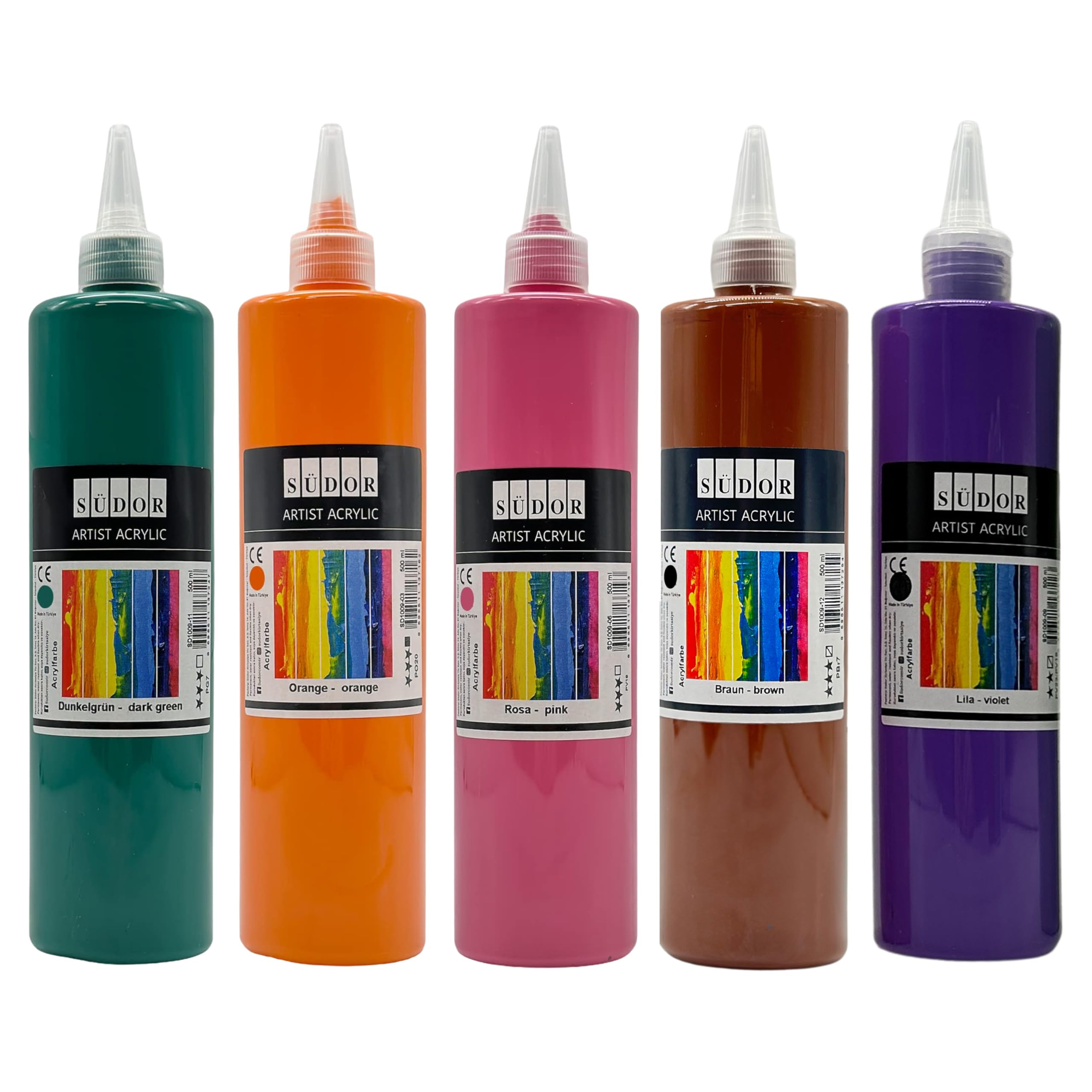 Lot de 10 peintures acryliques de 500 ml chacune, peinture couvrante pour toile, pouring, papier, bois, pierre, tissu, cuir, métal, céramique - 10 x 500 ml