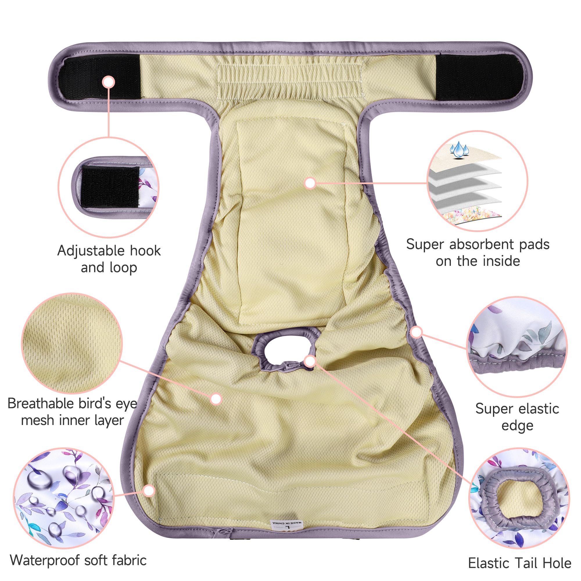 Pañales Lavables para Perras (Paquete de 4 + 1 Tirantes), Reutilizables, para Perritos, Cachorros, Bragas, Banda para el Vientre para el período de Calor de Las Mascotas, para el período de Calor de