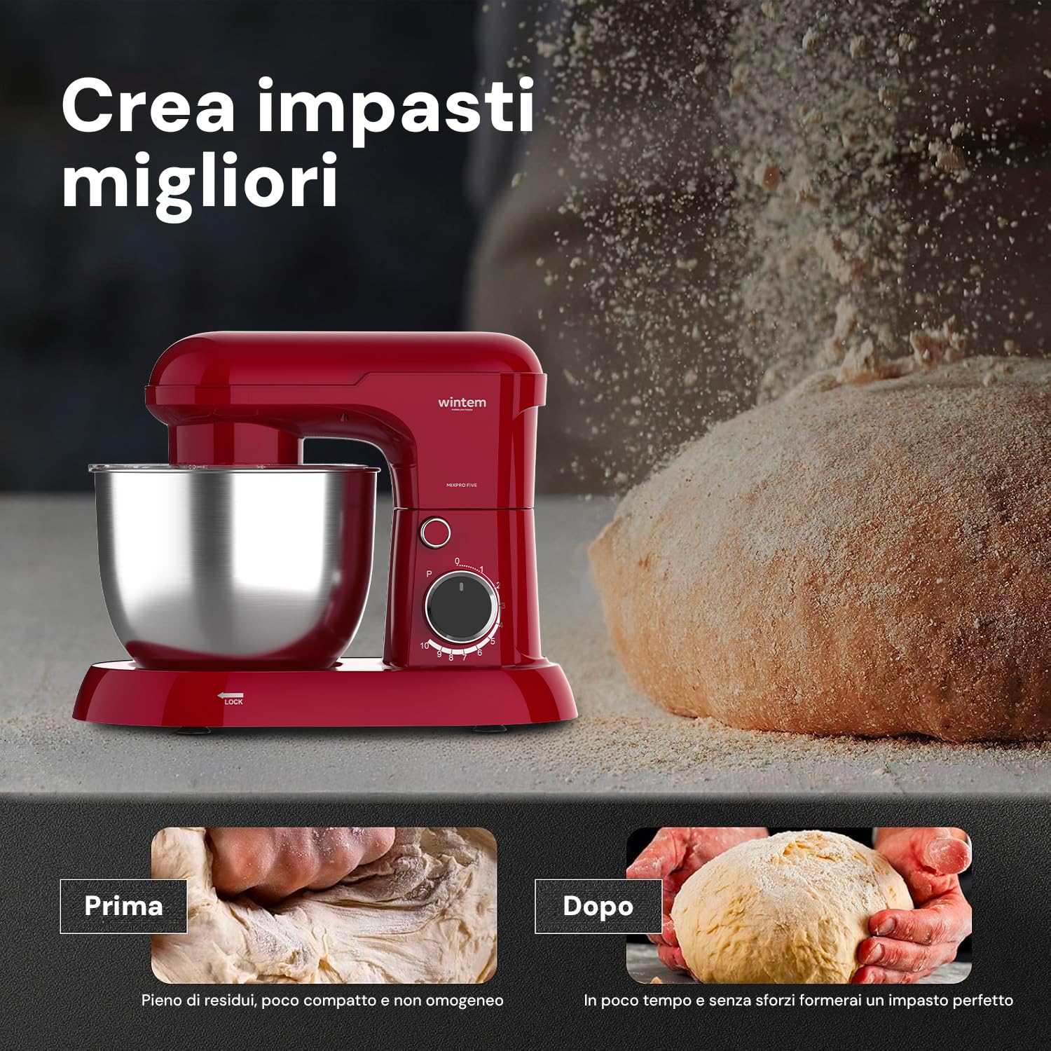 Avilia Impastatrice Planetaria Ciotola in Acciaio 5L Rosso - 15000W e 10 Velocità - Silenziosa e Classe di Protezione II - Include Gancio a Uncino per Impasti, Battitore e Frusta
