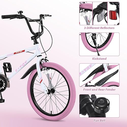 Miniatura 6 de Bicicleta infantil de 20 pulgadas estilo BMX, bicicletas para niñas y niños de 8 a 12 años, bicicleta de una sola velocidad para niños y niñas,