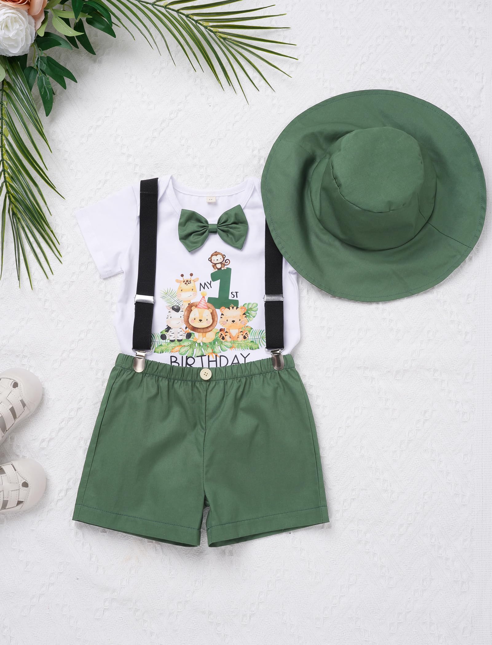 Odizli Conjunto de ropa para bebé y niño de primer cumpleaños, traje de manga corta, pelele + pantalones cortos + tirantes + sombrero, juego de ropa de 4 piezas