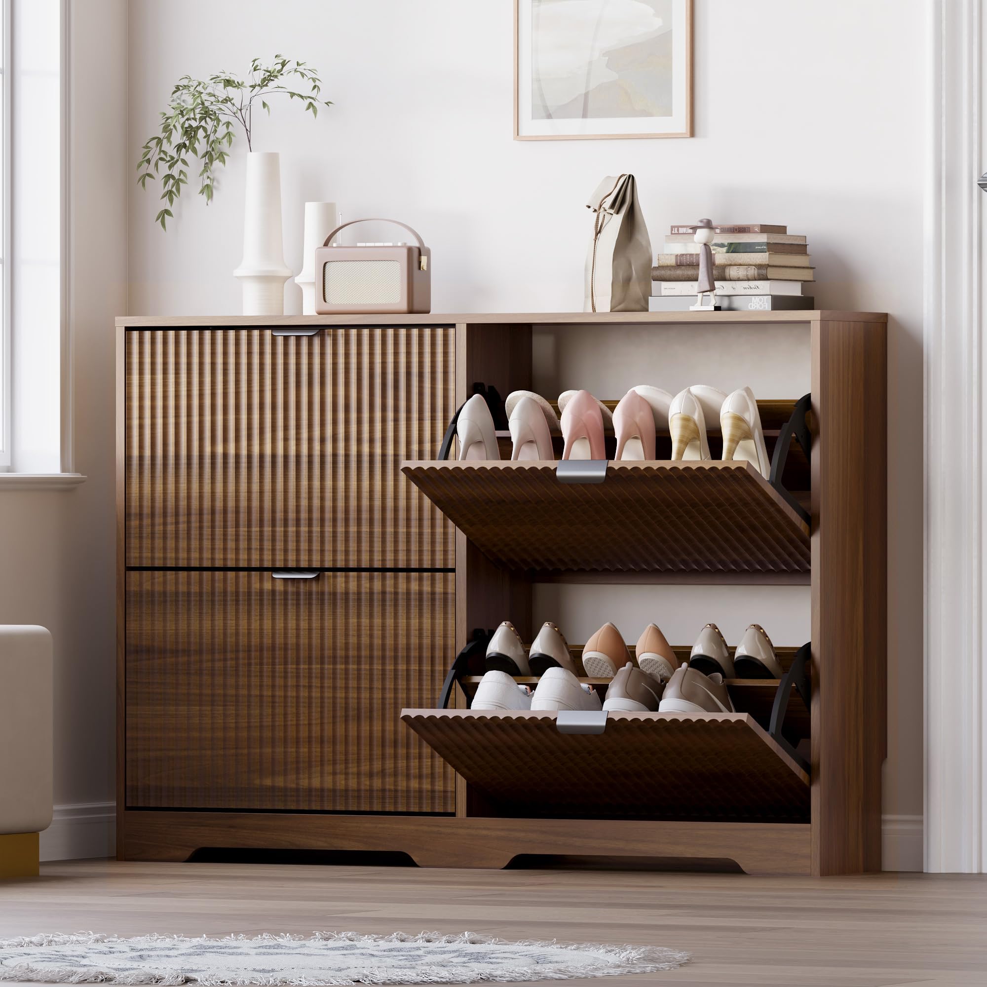 BORNOON Large Shoe Cabinet for Entryway, Shoe Rack Cabinet with 4 Flip Drawer and Adjustable Shelves for Small Apartment, Foyer