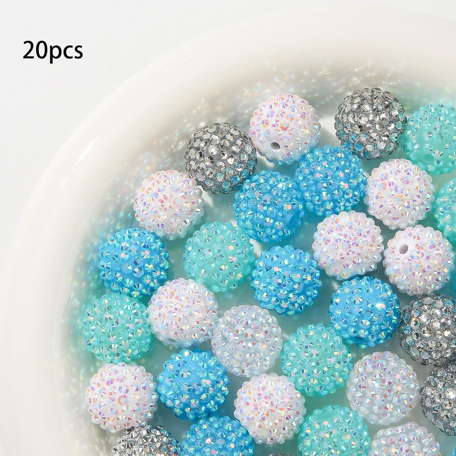 20mm Rhinestone Beads 20pcs Chunky Bubblegum Beads Beadable Pen Beads Shine Disco Ball Beads Jumbo Plastic Beads for Necklace Jewelry Bracelets DIY Crafts Making (bluewhite) - Image 4