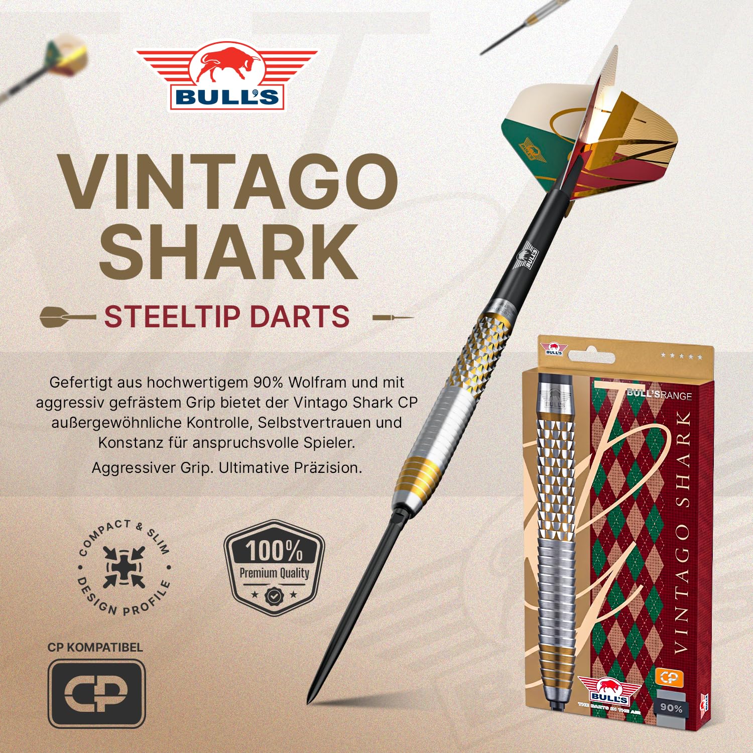 Bull's Vintago Shark 90% Tungsten Steeldarts mit Shark Grip - Gerades Barrel Fuer Enge Gruppierungen, Profi Dartpfeile Set - CP Point System, 22g 23g 24g 27g, 3er Dart Set