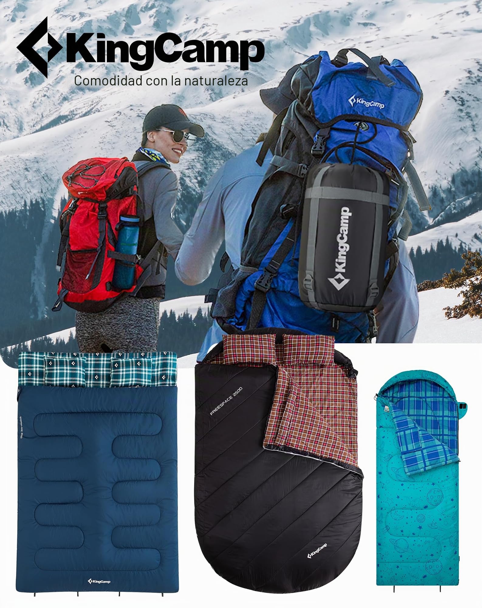 KingCamp Saco de Dormir Doble con Almohadas,220 × 150 cm para 3-4 Estaciones,Gran Saco de Dormir cálido Impermeable,para Adulto Acampar Festivales Caravaning Viaje,en Interiores o Exteriores