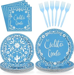 96Pcs De Barro Mexicanos Party Decorations Blue Mexican Terracotta Plates and Napkins Set Mexican Clay Pottery Fiesta Decorations for Cinco De Mayo Baby Shower Birthday Party Supplies Serves 24