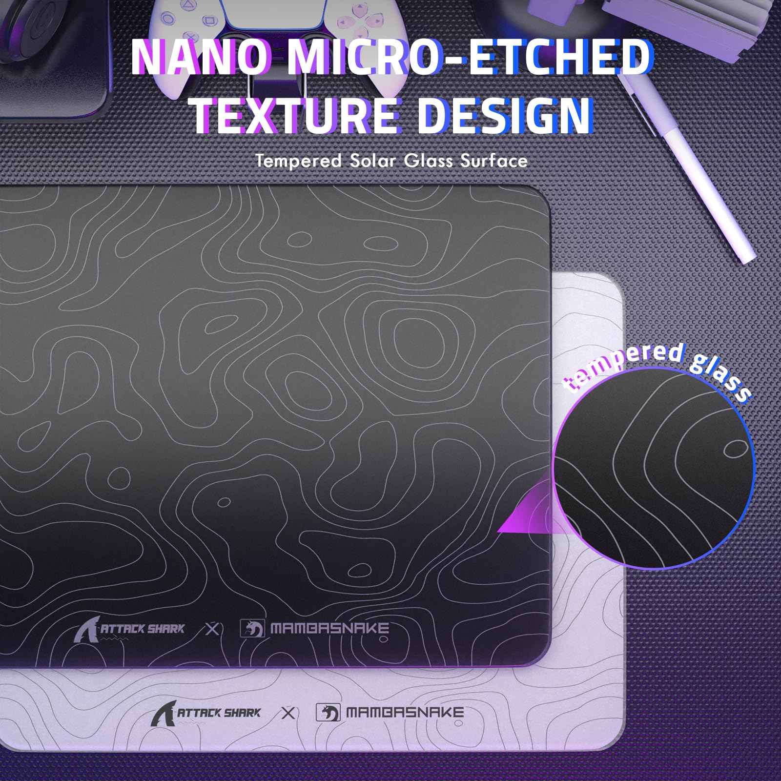 Attack Shark CM05SE Gaming-Mauspad aus Glas, Nano-Mikro-geätzte Textur, glatte Glasoberfläche, hohe Genauigkeit, schnelle Bewegung, kratzfest, PU-Leder, super rutschfeste Unterseite, kleine Größe (410