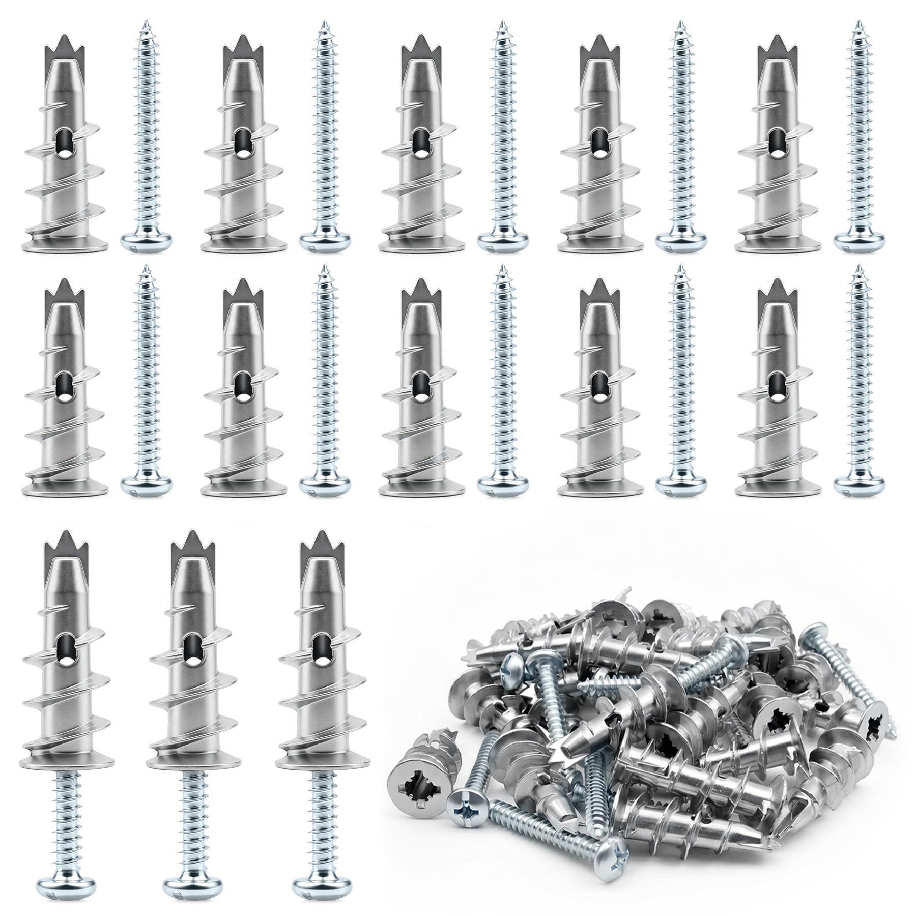 100 Pcs Plasterboard Fixings with Screws, Heavy Duty Self Drilling Drywall Anchors, Metal Wall Plug Set for Plasterboard, Drywall, Concrete and Brick Installation
