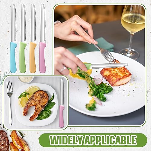 Miniatura 10 de Zhehao Juego de 100 cuchillos de carne de acero inoxidable de 8.39 pulgadas, cuchillo de carne dentado de cabeza redondeada con mango negro de